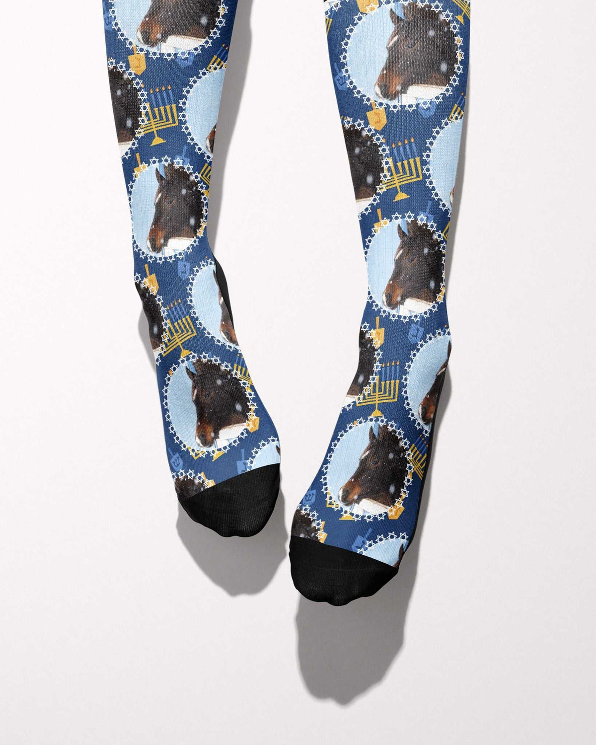 Oy to the World custom photo equestrian boot socks, worn, showing the full-length pattern, by Dreamers & Schemers
