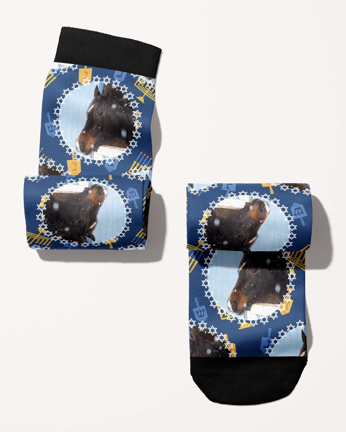 Oy to the World custom photo equestrian boot socks, rolled, showing the pattern repeat, by Dreamers & Schemers