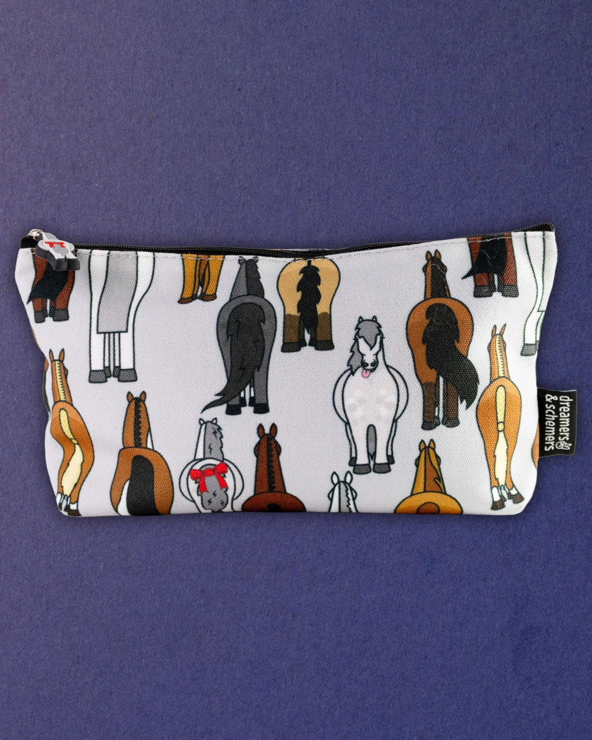 Butts zip pouch side-on against navy, showing the full width of the cartoon horse rear print