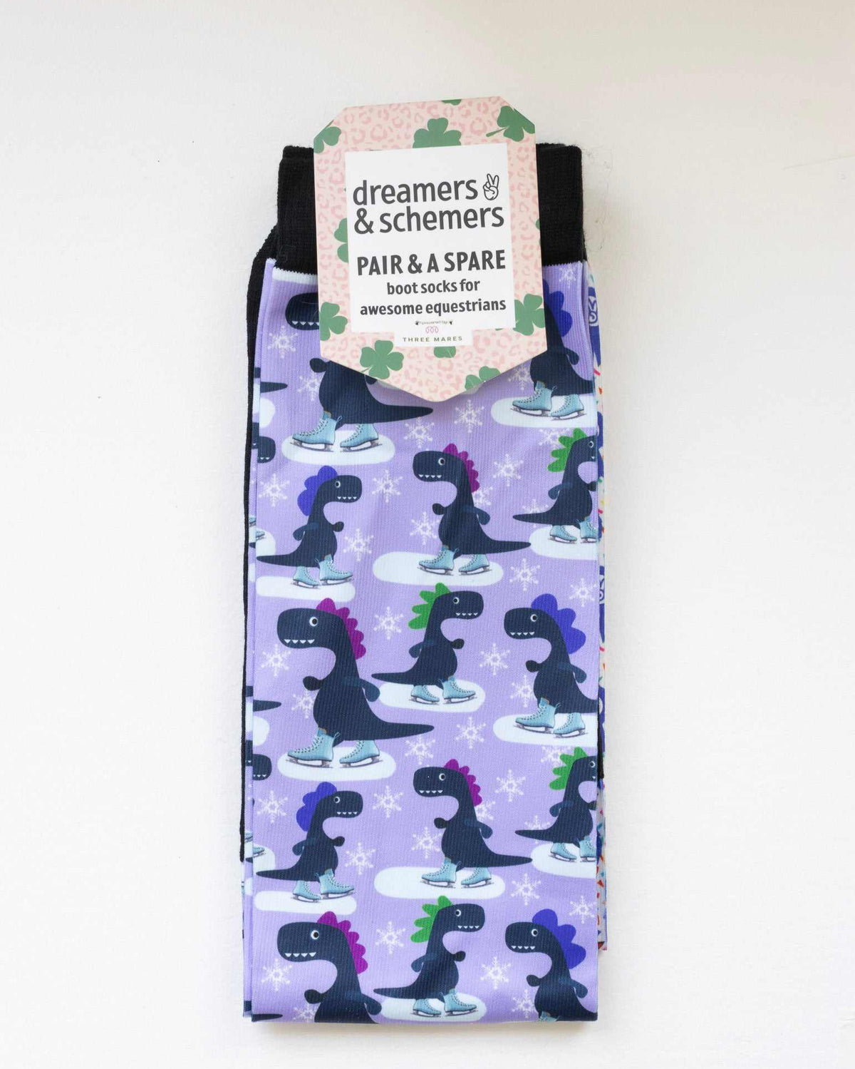 Dino-skate Pair & a Spare equestrian boot socks in their header card, by Dreamers & Schemers