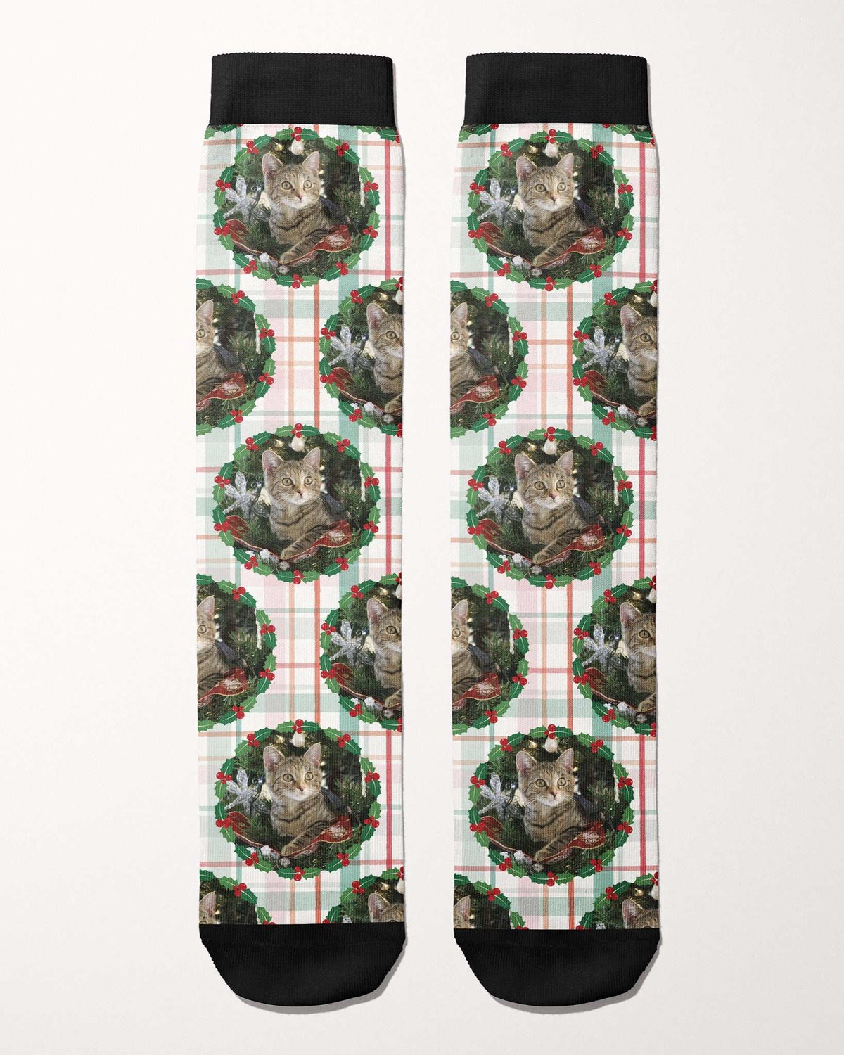 Plaid Tidings custom photo equestrian boot socks, flat lay of the pair, by Dreamers & Schemers