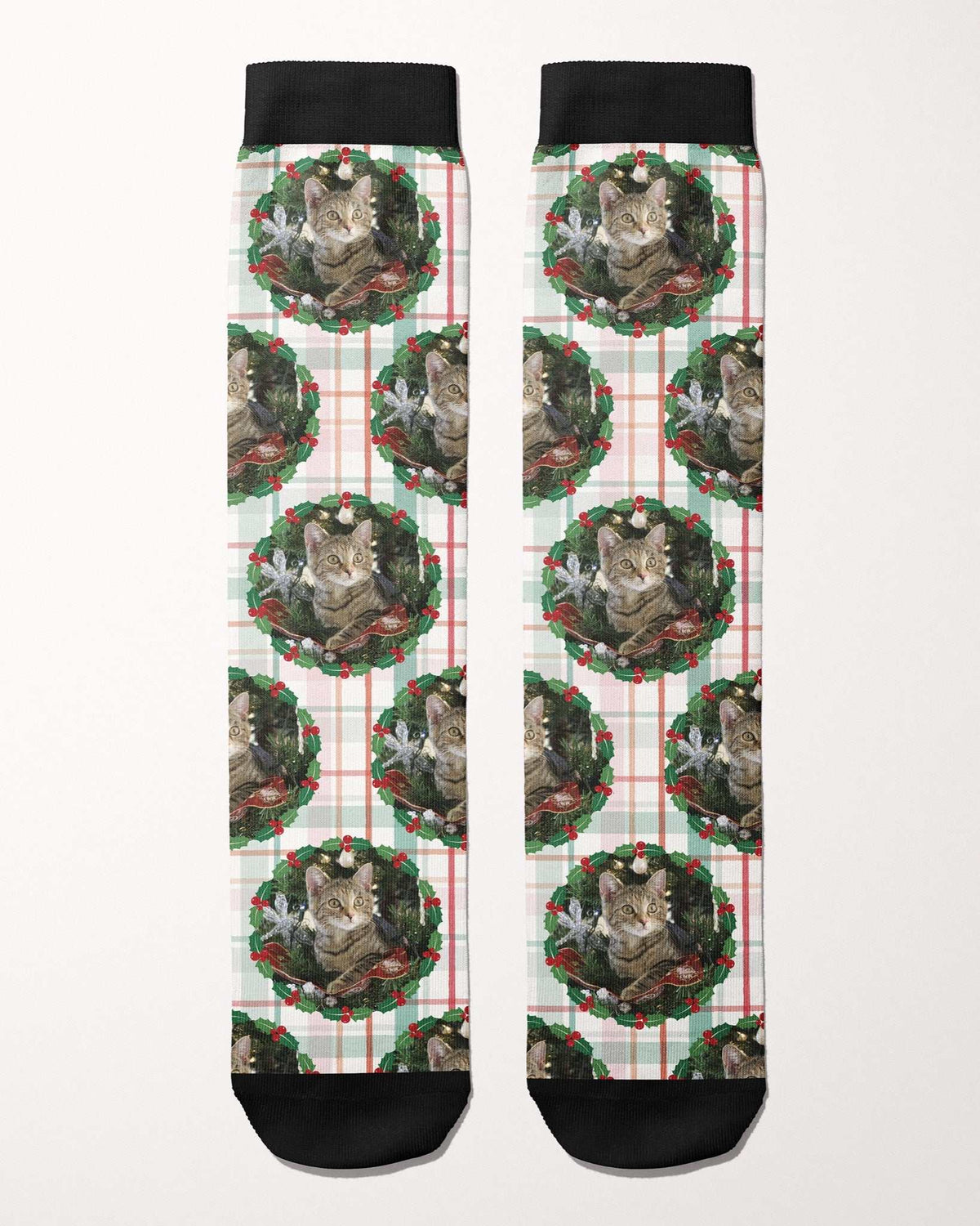 Plaid Tidings custom photo equestrian boot socks, flat lay of the pair, by Dreamers & Schemers