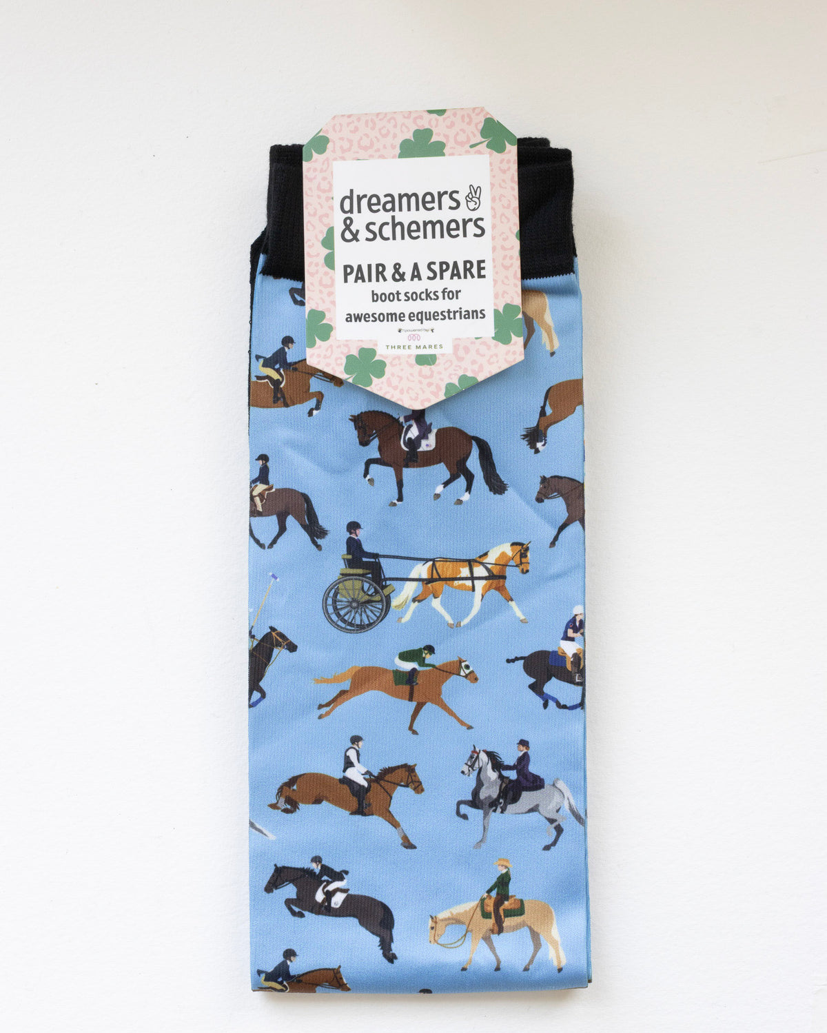 The Pony Island Horse Sports Pair & a Spare equestrian boot socks in their header card, by Dreamers & Schemers