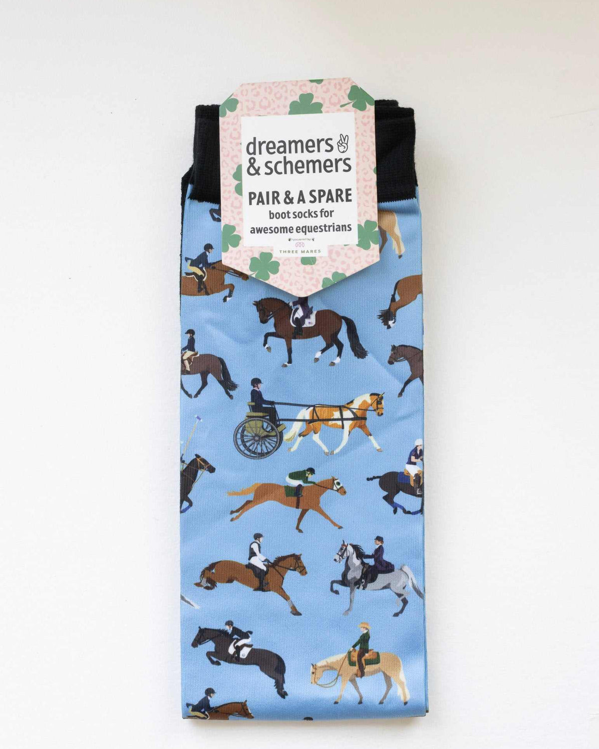 The Pony Island Horse Sports Pair & a Spare equestrian boot socks in their header card, by Dreamers & Schemers
