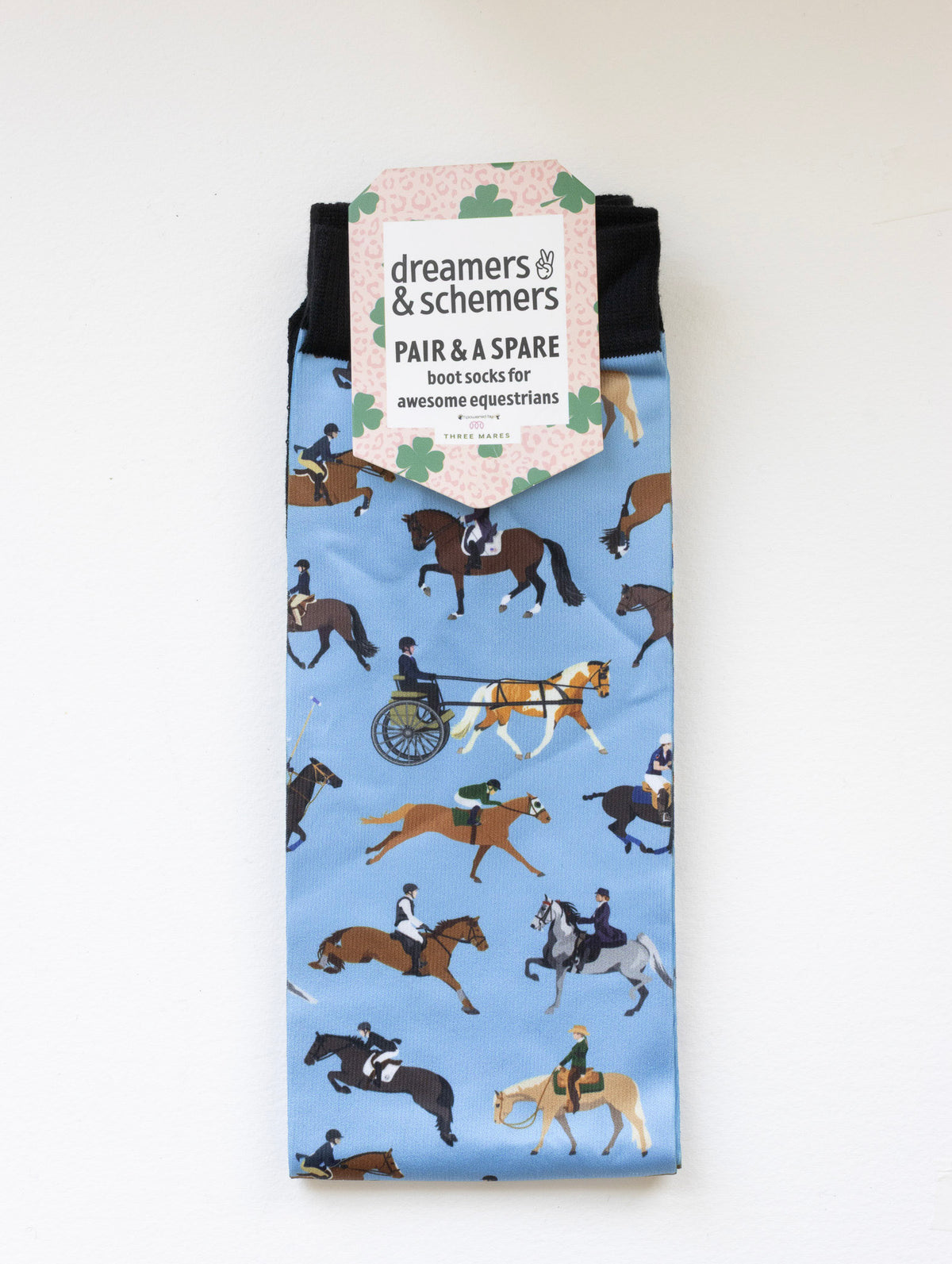 The Pony Island Horse Sports Pair & a Spare equestrian boot socks in their header card, by Dreamers & Schemers