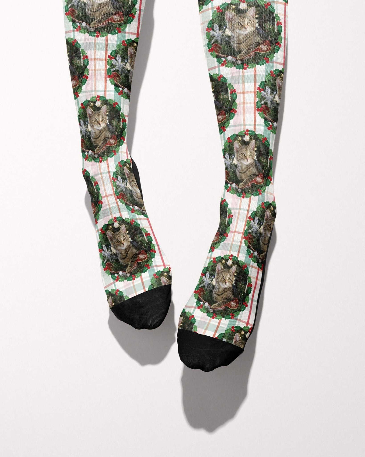 Plaid Tidings custom photo equestrian boot socks, worn, showing the full-length pattern, by Dreamers & Schemers