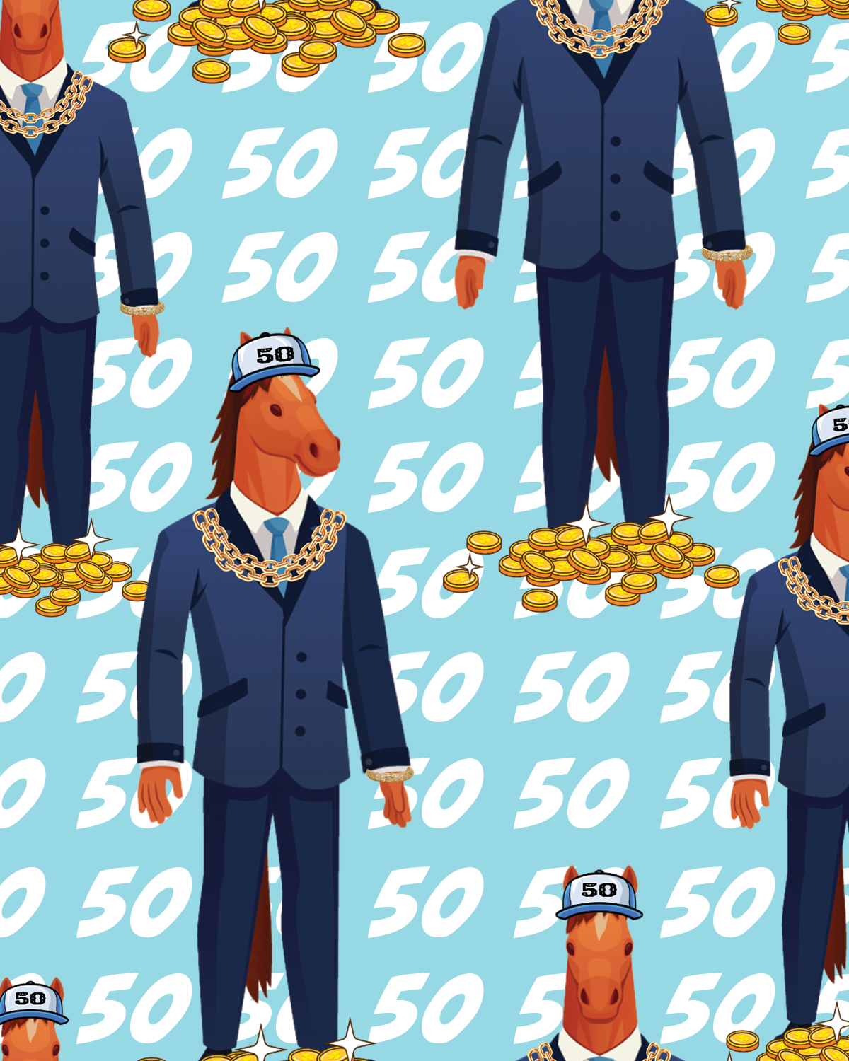 Limited edition boot socks featuring a horse character in a suit with gold chains and 50 cent theme on blue background