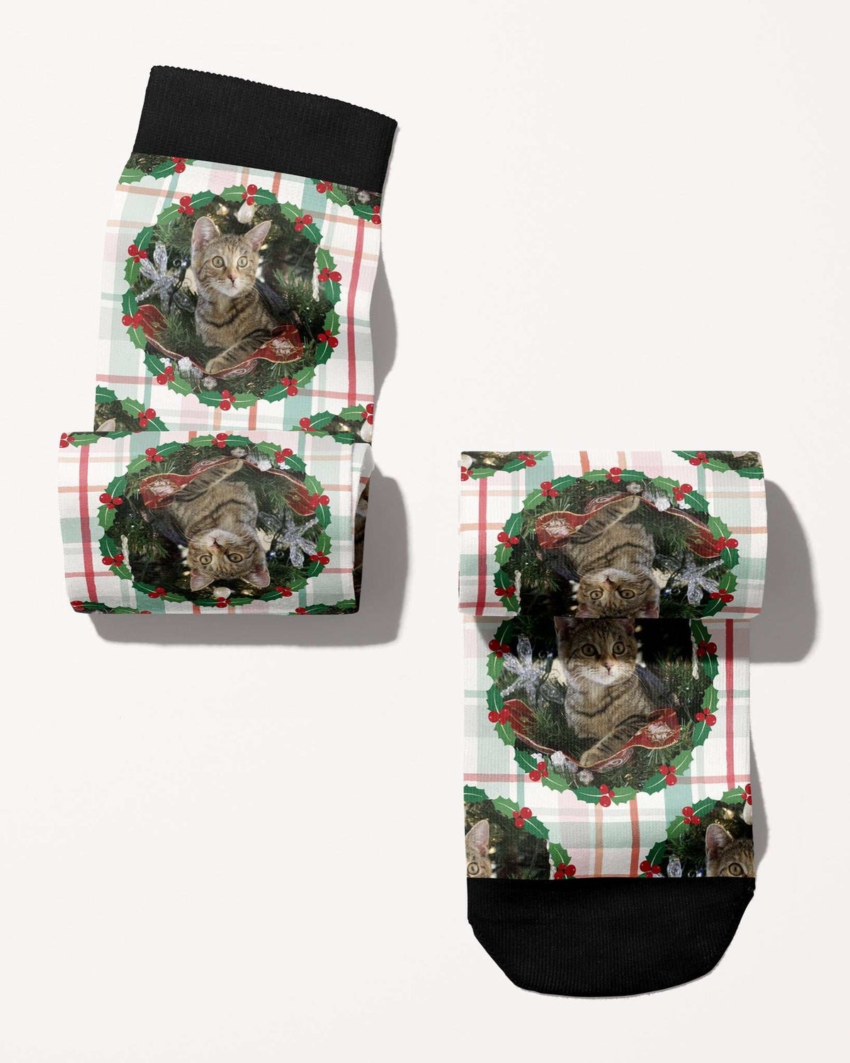 Plaid Tidings custom photo equestrian boot socks, rolled, showing the pattern repeat, by Dreamers & Schemers