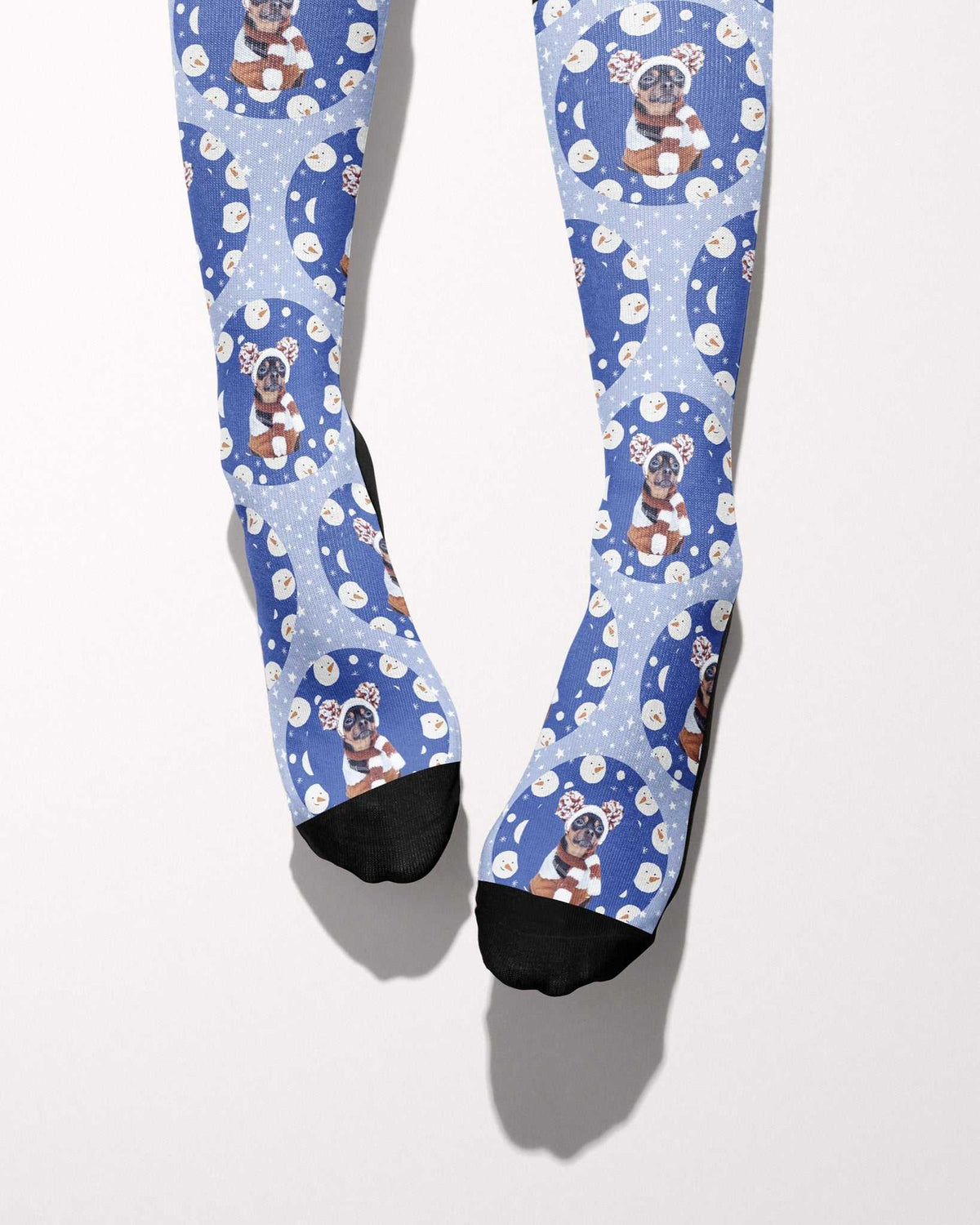 Snow Cute custom photo equestrian boot socks, worn, showing the full-length pattern, by Dreamers & Schemers