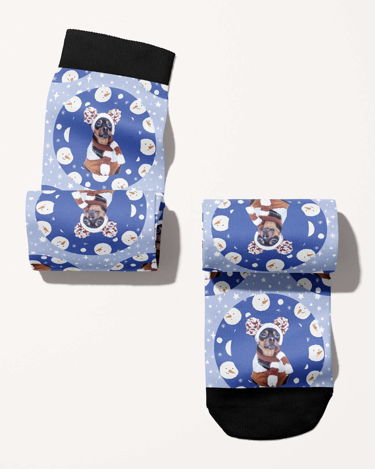 Snow Cute custom photo equestrian boot socks, rolled, showing the pattern repeat, by Dreamers & Schemers