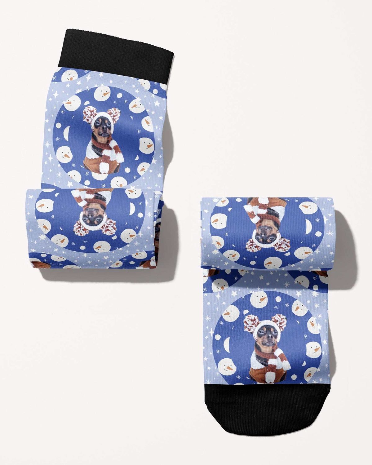 Snow Cute custom photo equestrian boot socks, rolled, showing the pattern repeat, by Dreamers & Schemers