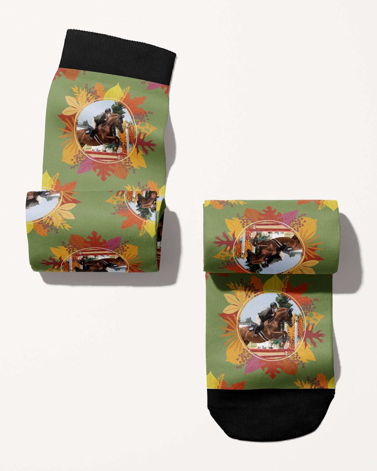 Autumn Leaves custom photo equestrian boot socks, rolled, showing the pattern repeat, by Dreamers & Schemers