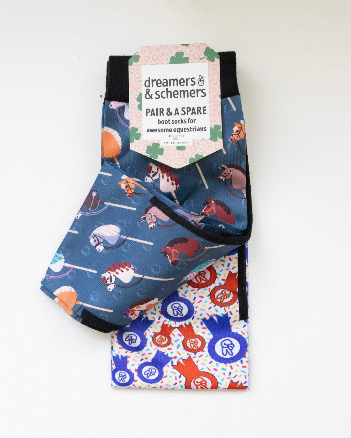 It's Not a Hobby boot socks shown folded with the included spare sock and printed cuff detail