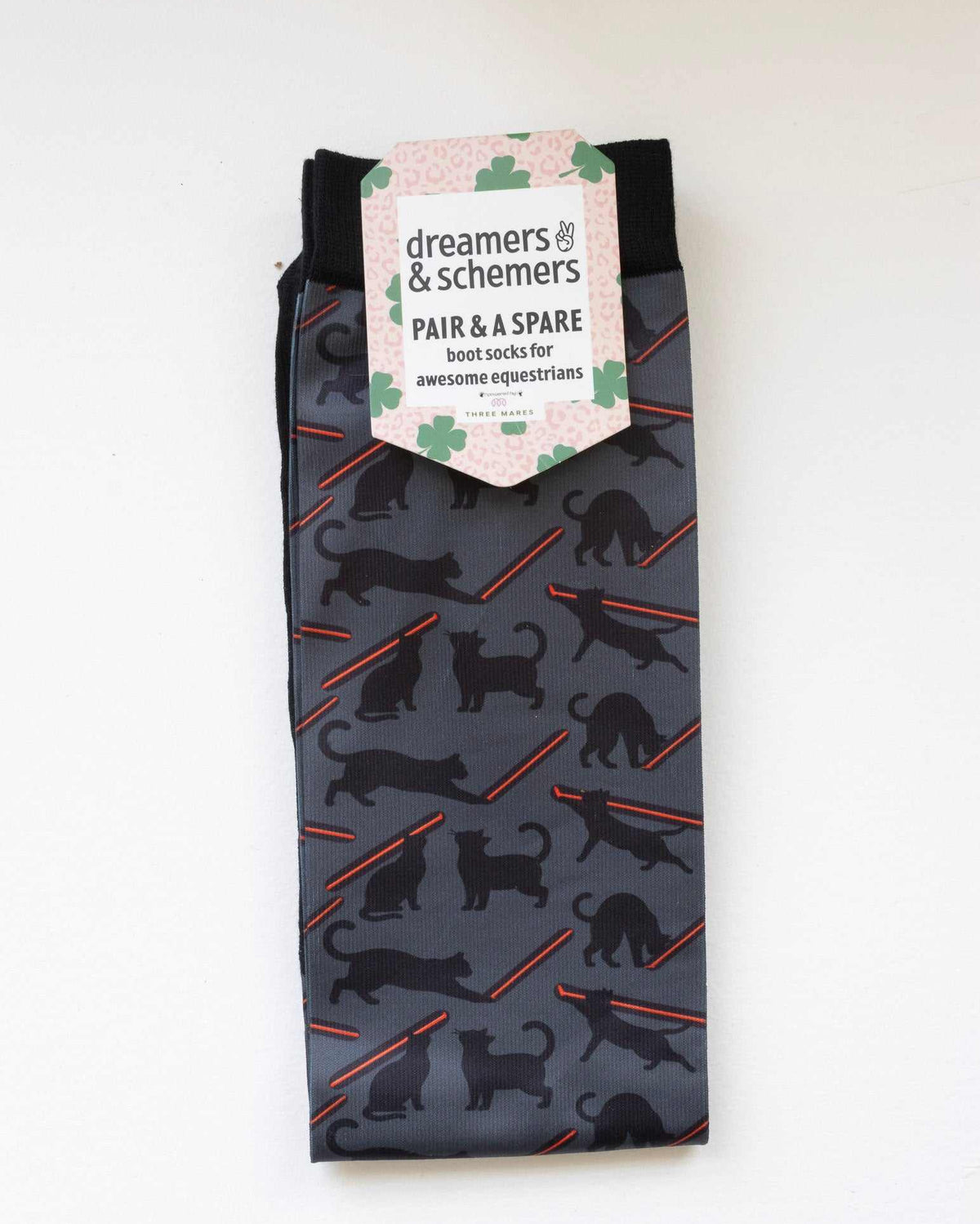 Laser Cats Pair & a Spare equestrian boot socks in their header card, by Dreamers & Schemers