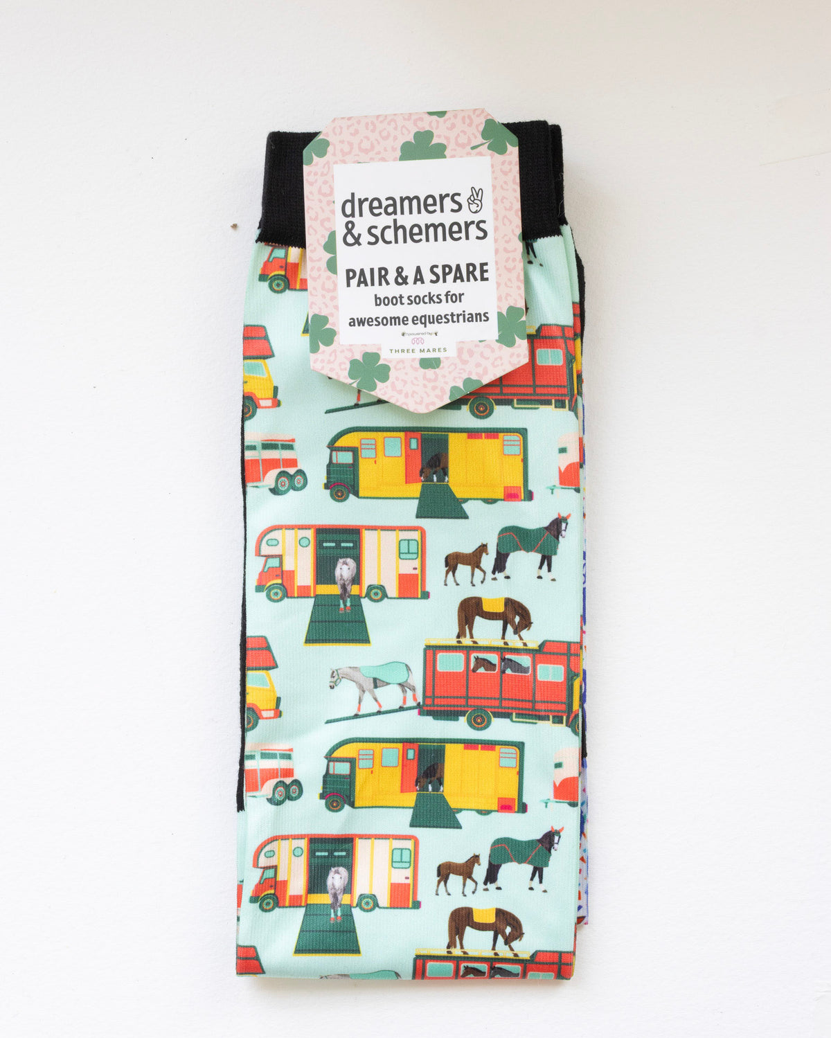 The Pony Island Retro Trailers Pair & a Spare equestrian boot socks in their header card, by Dreamers & Schemers