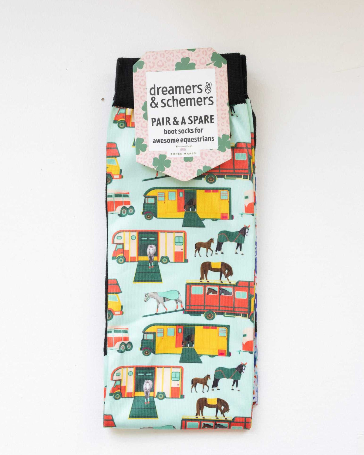 The Pony Island Retro Trailers Pair & a Spare equestrian boot socks in their header card, by Dreamers & Schemers