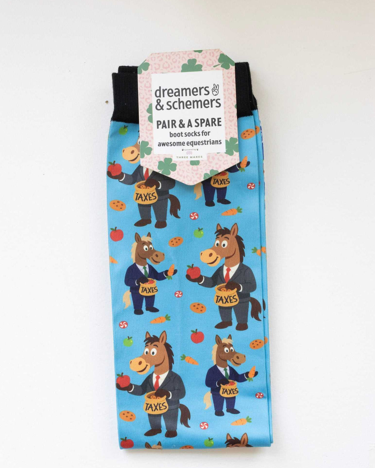 Treat Tax Pair & a Spare equestrian boot socks in their header card, by Dreamers & Schemers