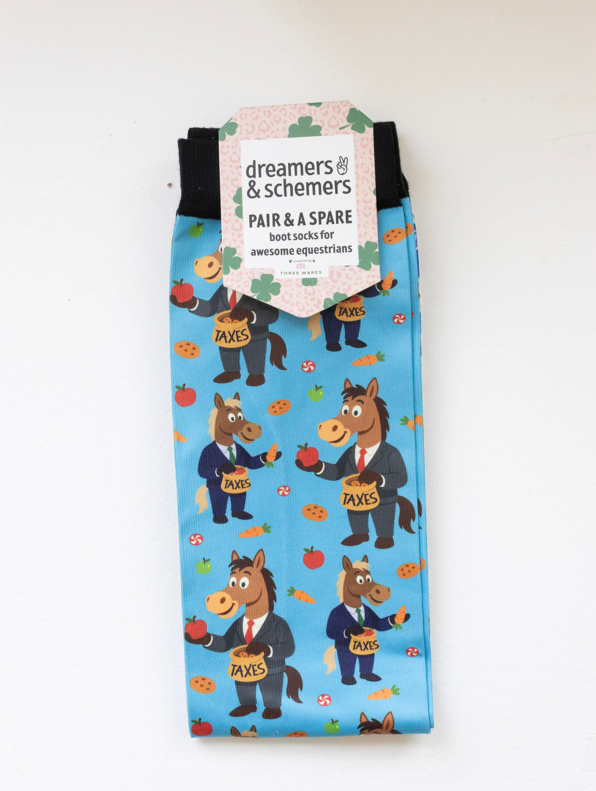 Treat Tax Pair & a Spare equestrian boot socks in their header card, by Dreamers & Schemers