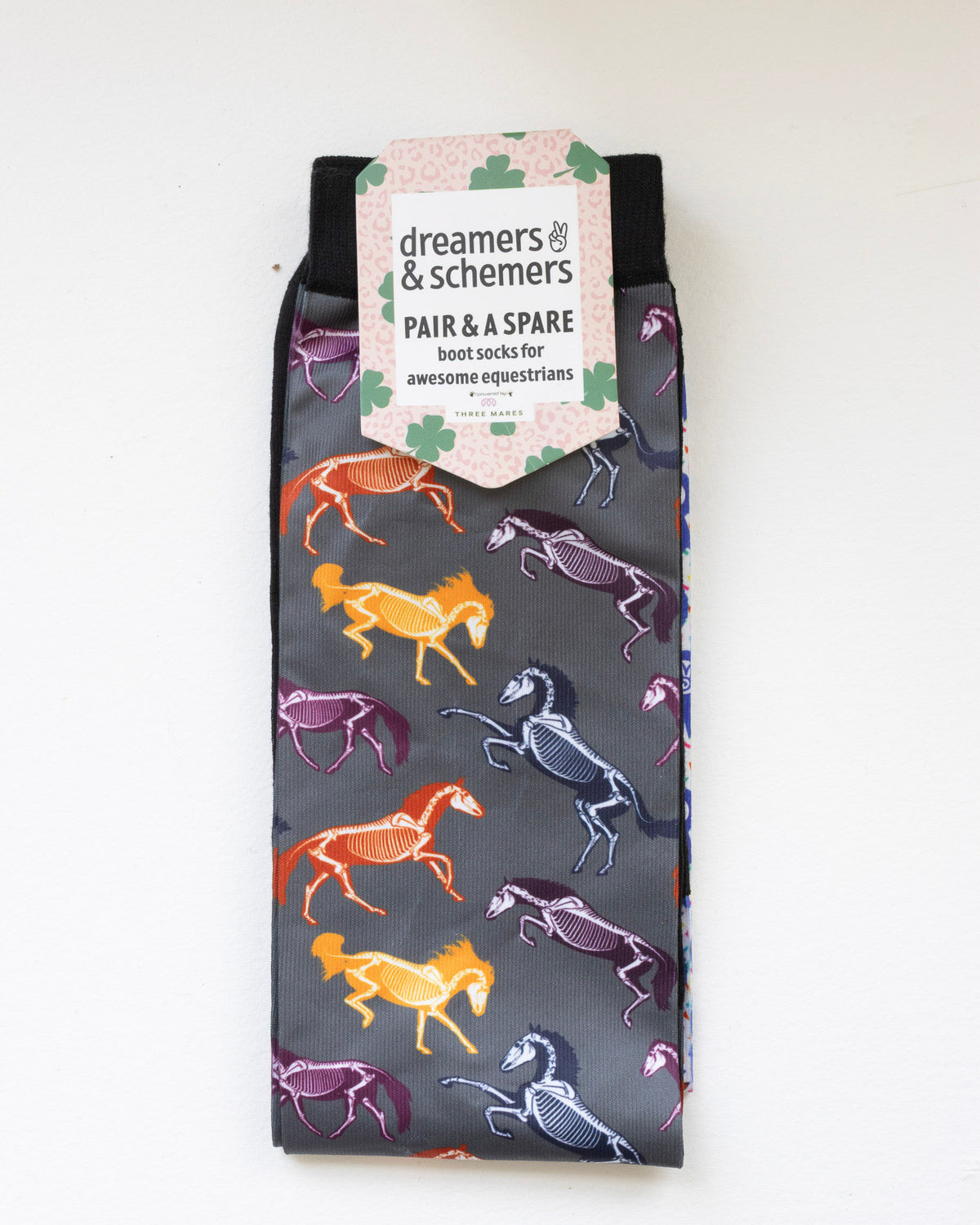The Pony Island Horse Skeletons Pair & a Spare equestrian boot socks in their header card, by Dreamers & Schemers