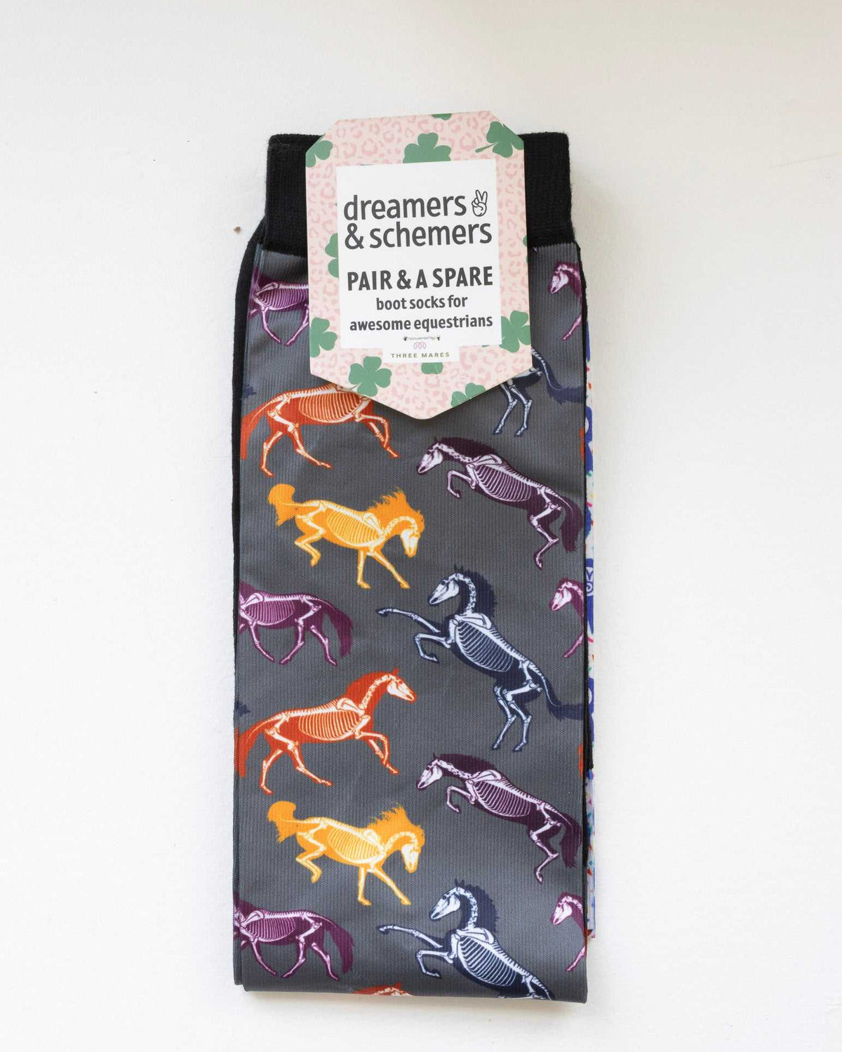 The Pony Island Horse Skeletons Pair & a Spare equestrian boot socks in their header card, by Dreamers & Schemers