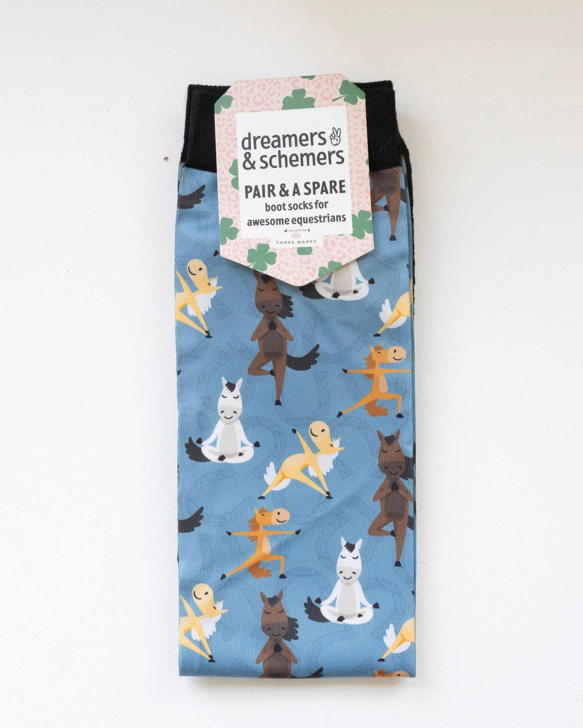 Pony Pilates Pair & a Spare equestrian boot socks in their header card, by Dreamers & Schemers