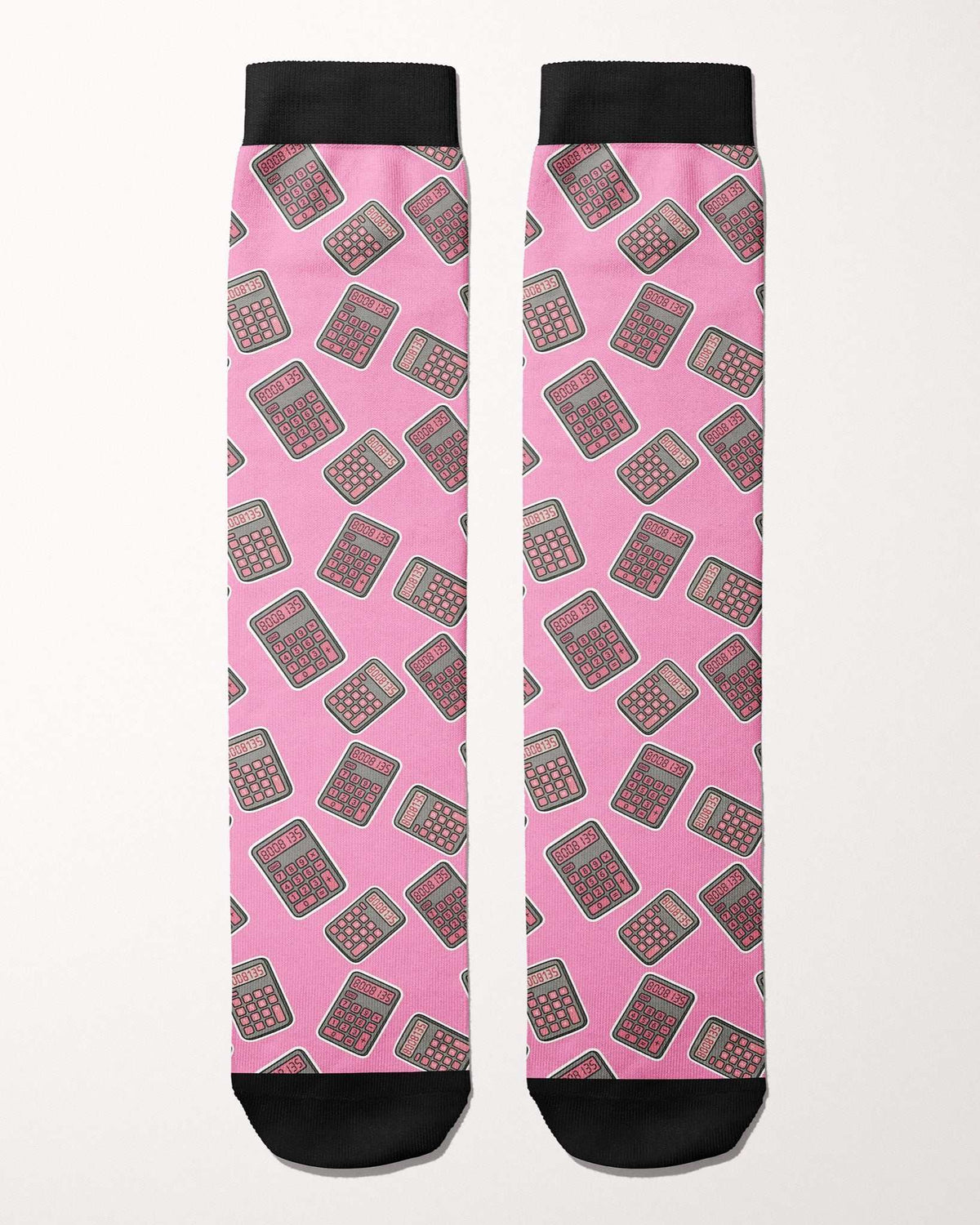 Boobies Limited Edition boot socks, calculator print on pink, flat lay of the pair, by Dreamers & Schemers
