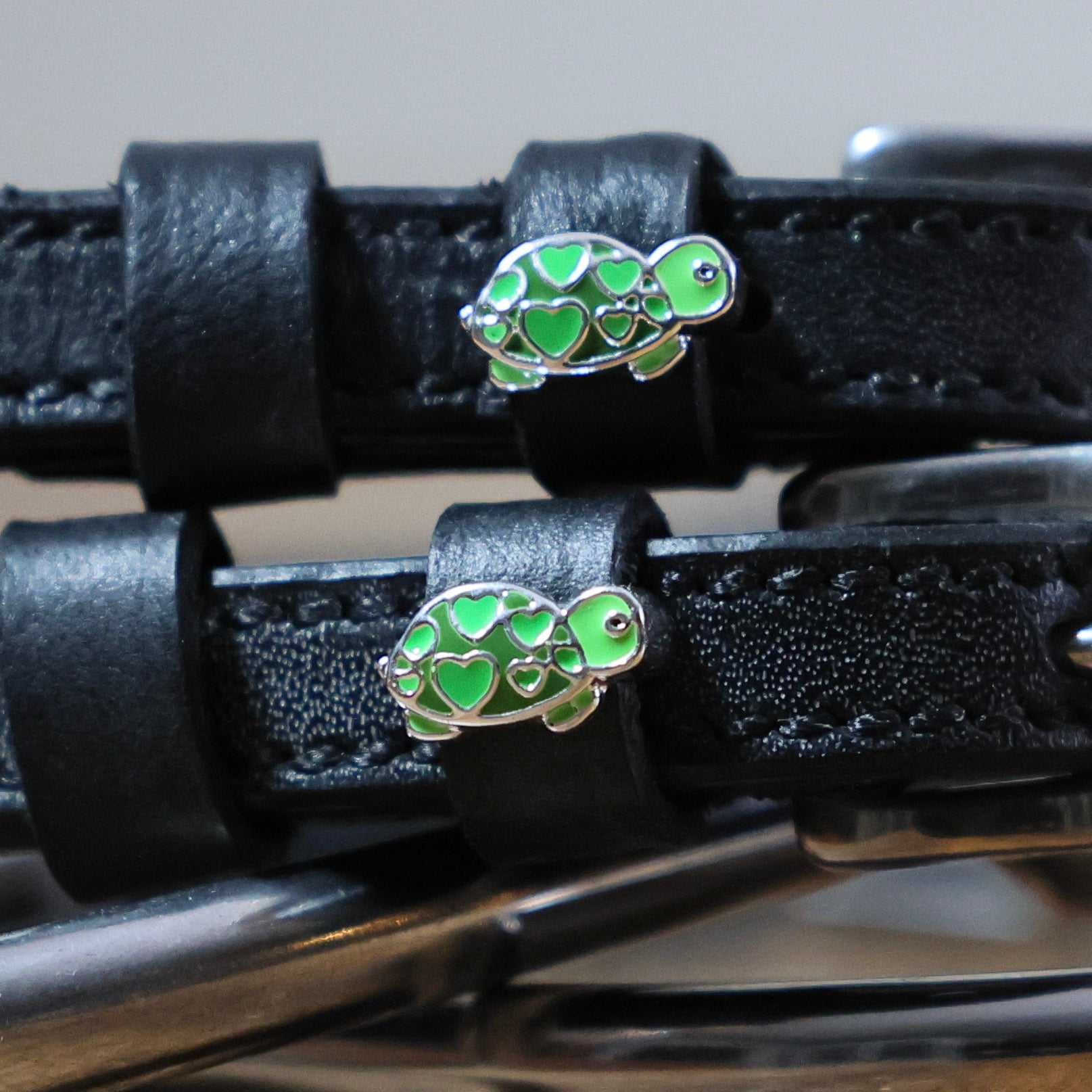Black leather Turtle Hearts Spur Straps with green heart turtle charm and stainless steel buckle