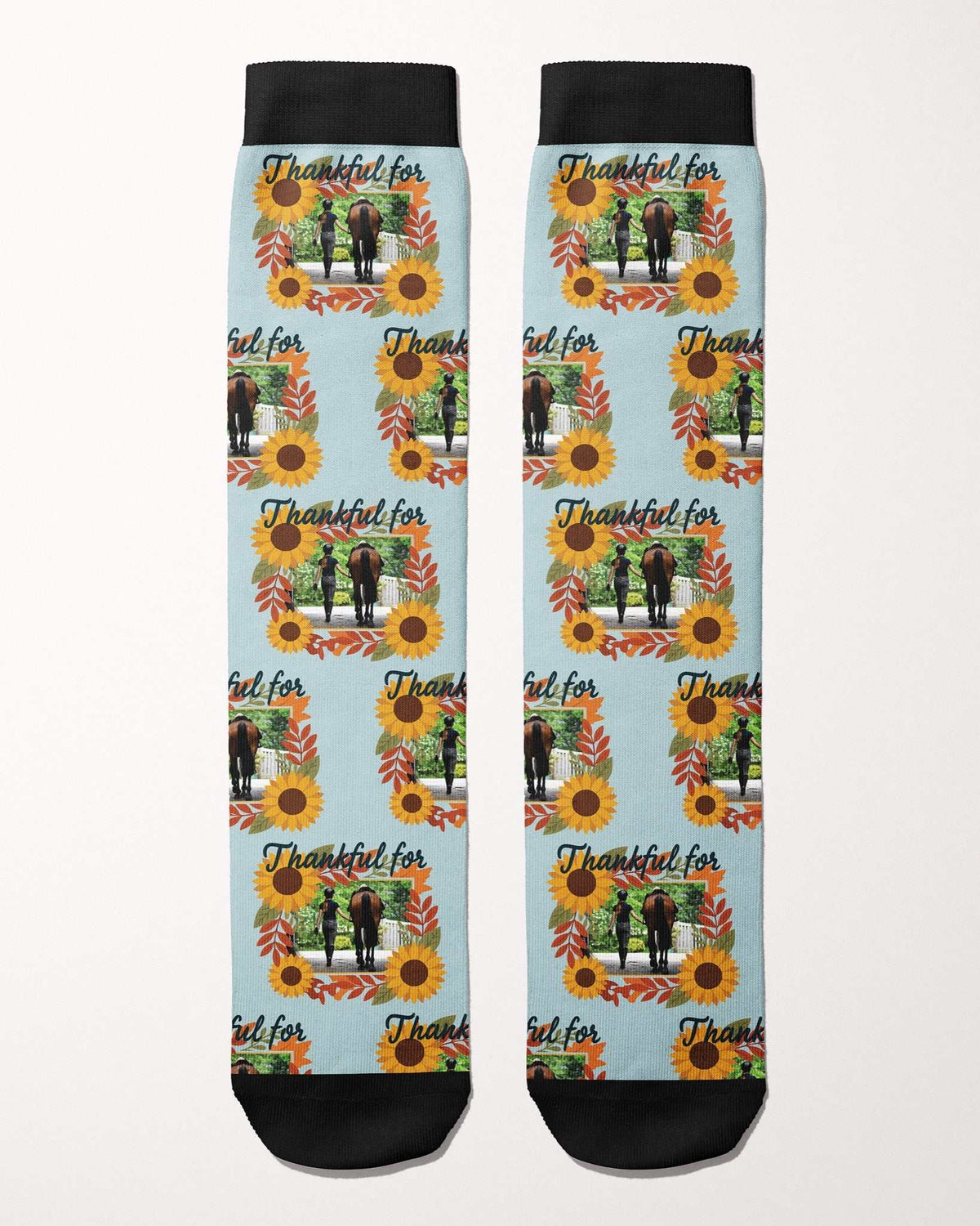 Thankful For custom photo equestrian boot socks, flat lay of the pair, by Dreamers & Schemers