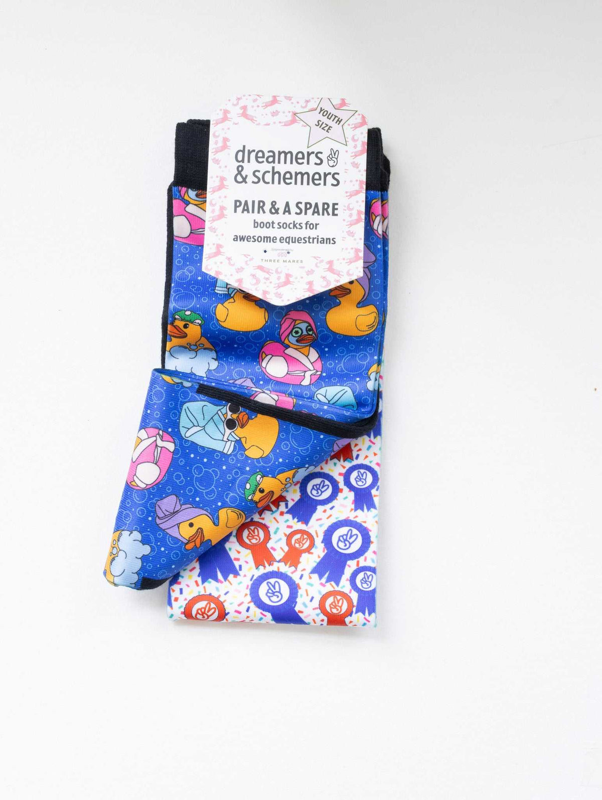 Rub A Dub Duck youth boot socks shown folded with the included spare sock and patterned cuff