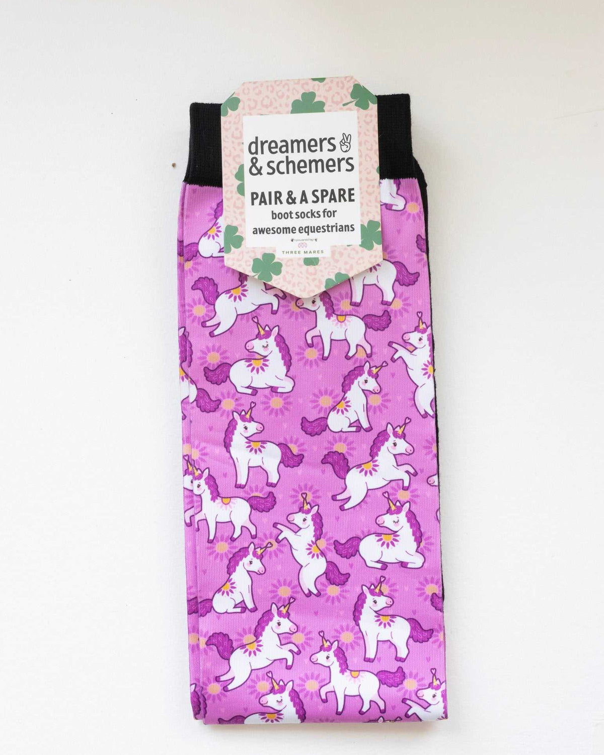 Sunshine and Unicorns Pair & a Spare equestrian boot socks in their header card, by Dreamers & Schemers