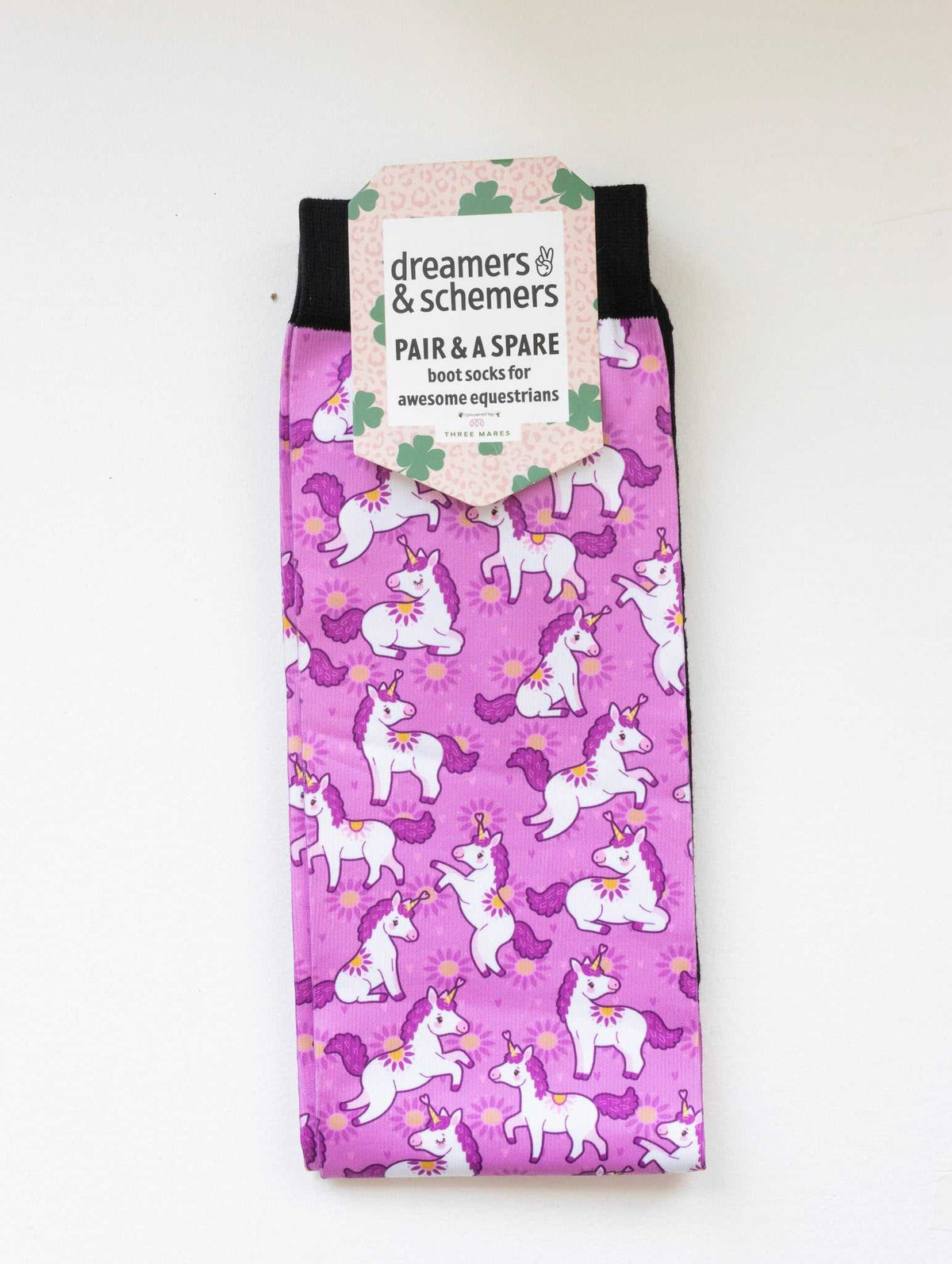 Sunshine and Unicorns Pair & a Spare equestrian boot socks in their header card, by Dreamers & Schemers