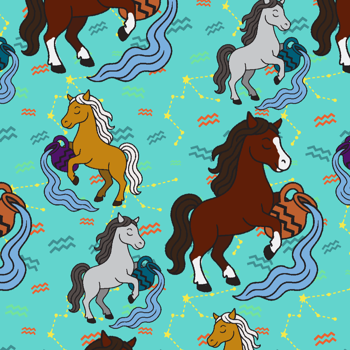 Aquarius zodiac-themed boot socks with horse and water bearer design on turquoise background