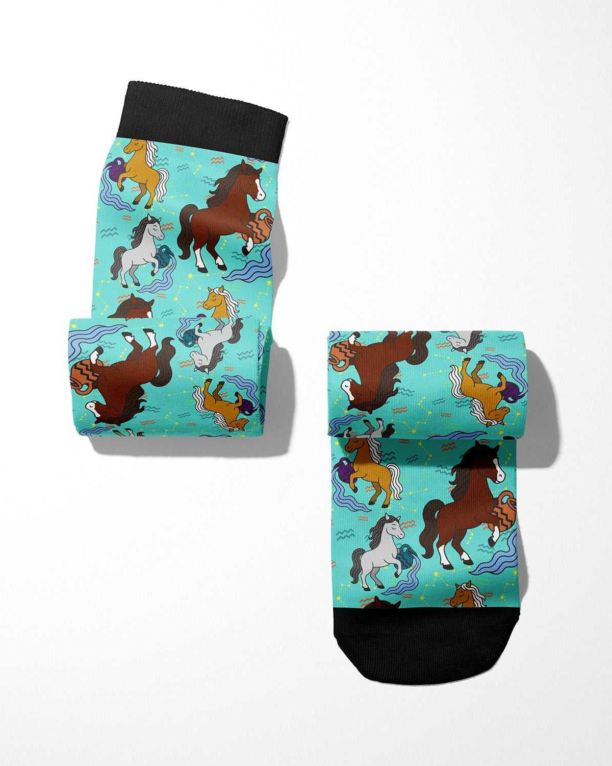 Limited edition Aquarius zodiac boot socks with colorful horse designs on a turquoise background
