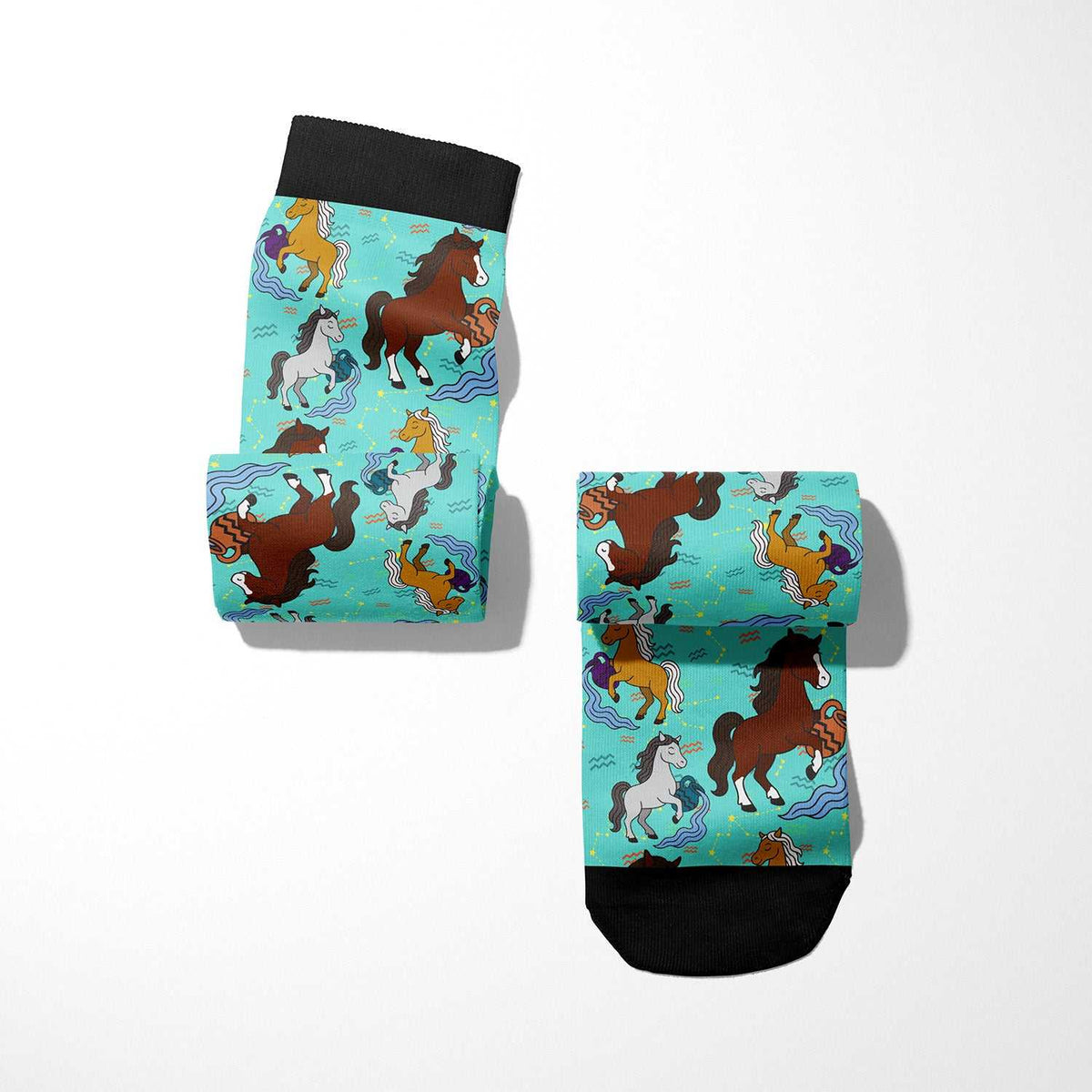 Limited edition Aquarius zodiac boot socks with colorful horse designs on a turquoise background
