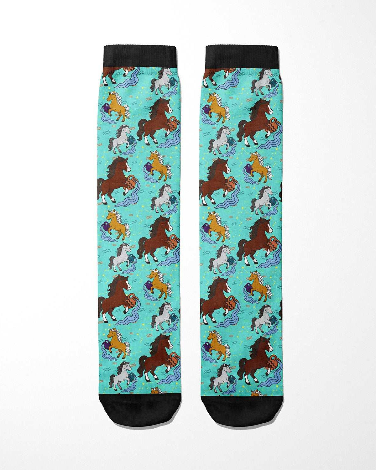 Aquarius zodiac boot socks with colorful horse pattern and black cuffs