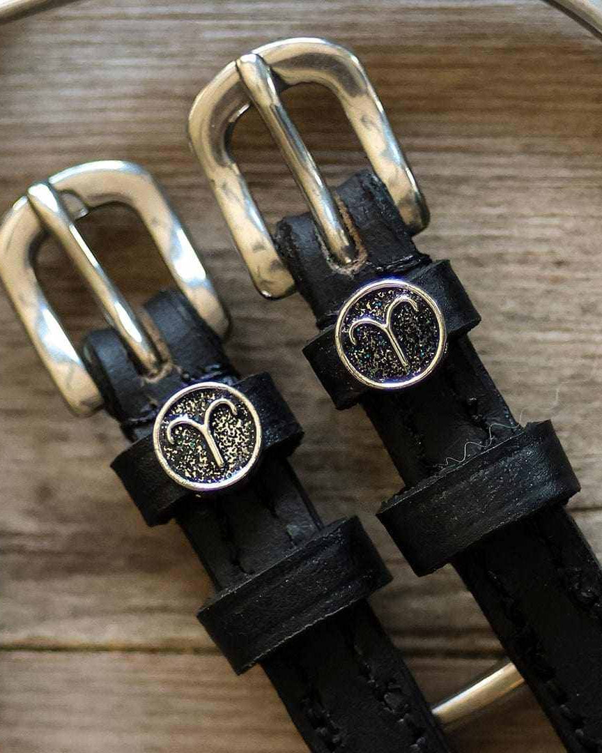 Macro of glittery Aries zodiac charms and silver buckles on black leather spur straps