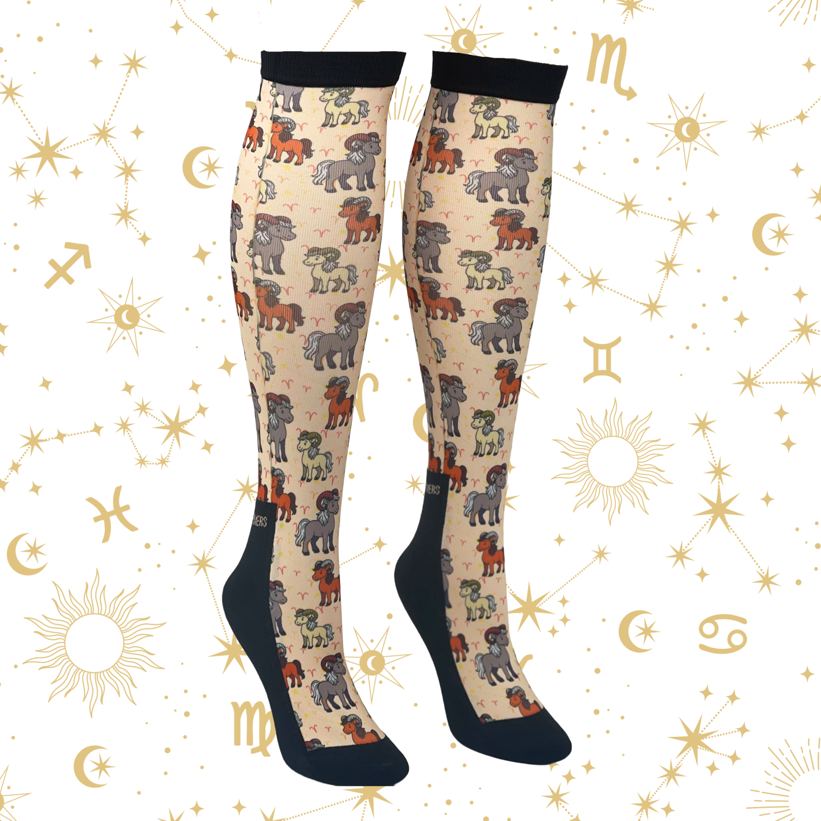 Aries zodiac themed boot socks with astrological symbols and colorful ram patterns, made in USA, one size fits most