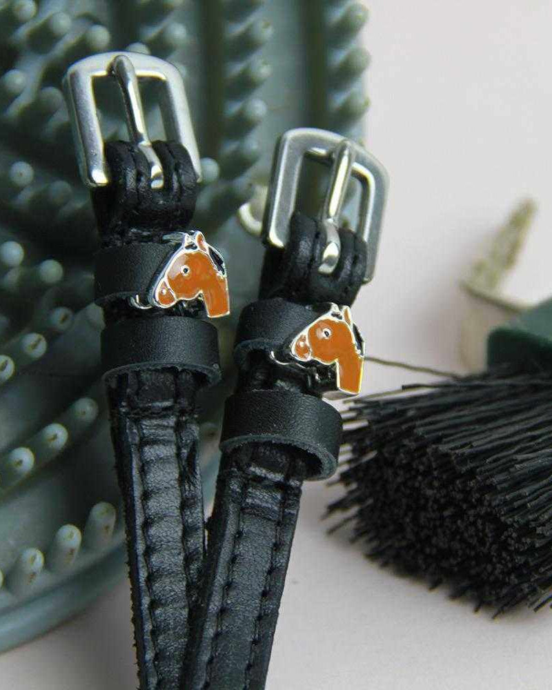 Black leather horse-head spur straps beside horse grooming brushes and curry comb