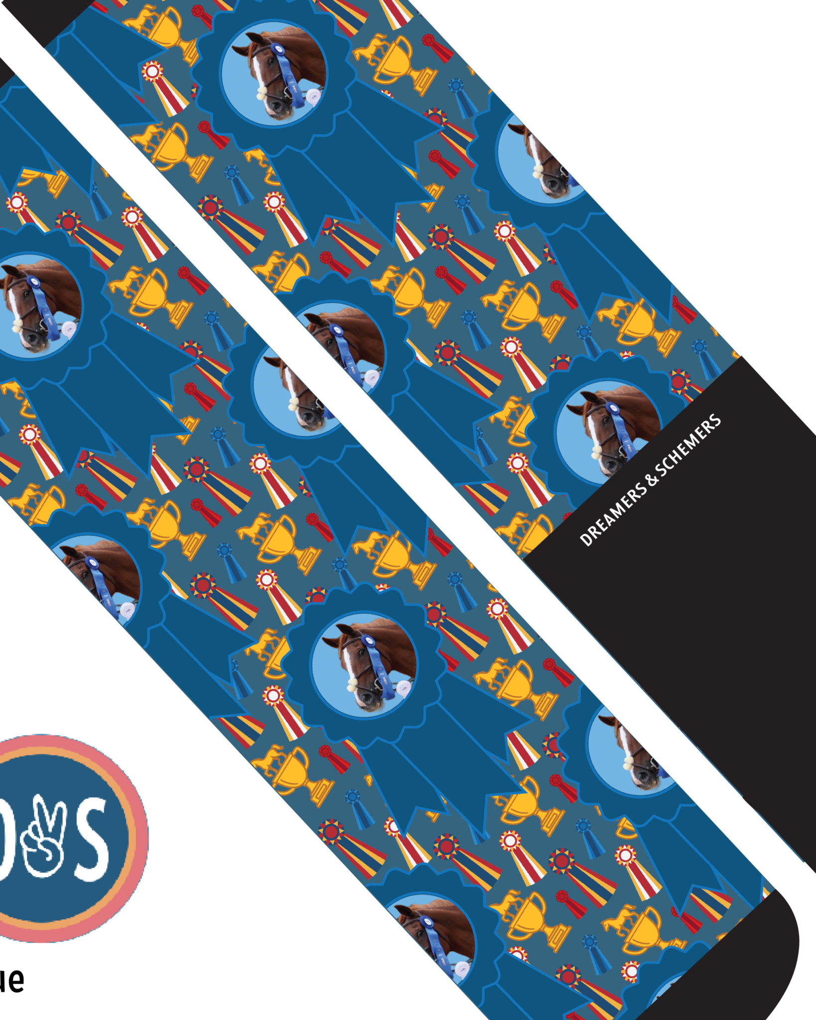 Custom boot socks featuring personalized blue ribbon and winner design