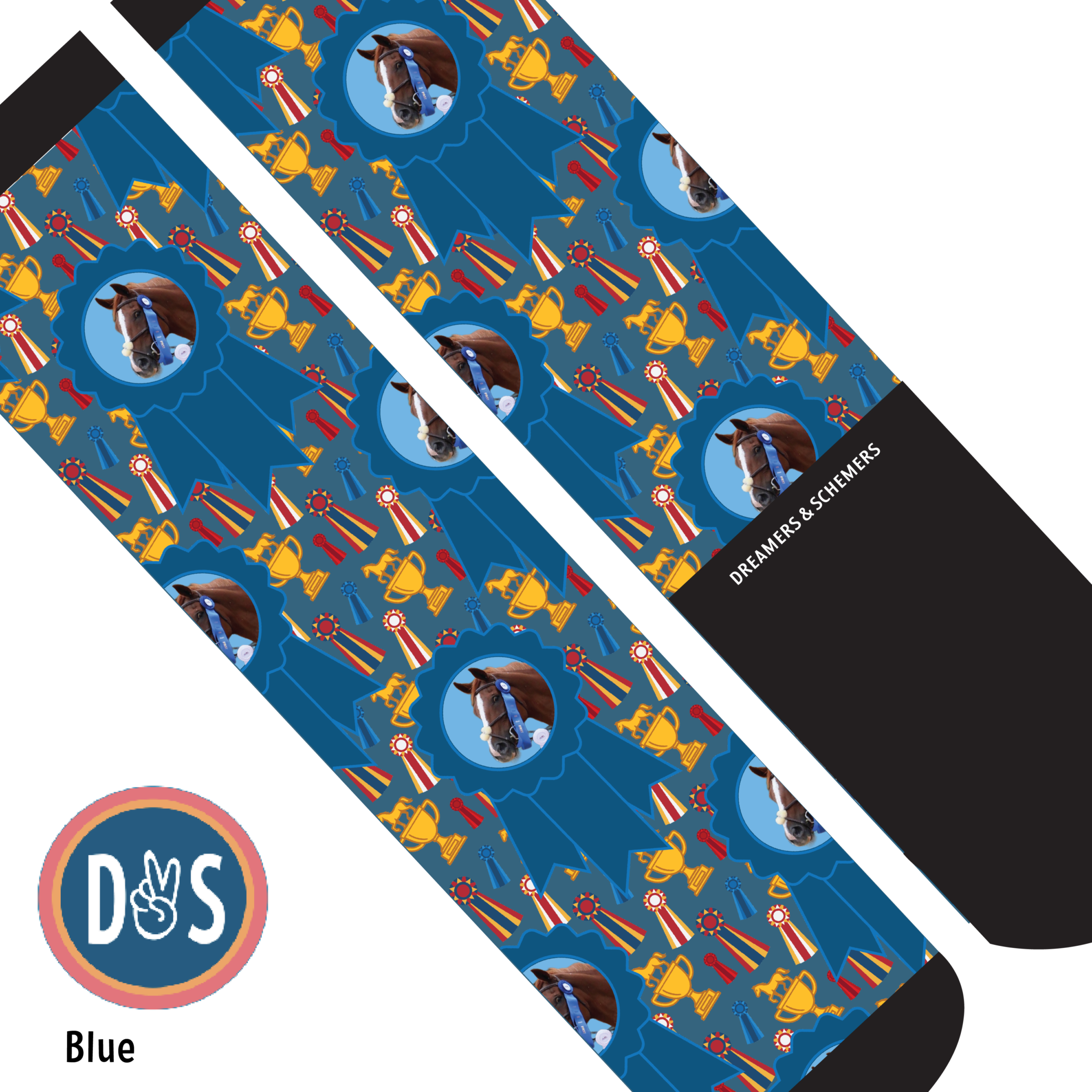 Custom boot socks featuring personalized blue ribbon and winner design