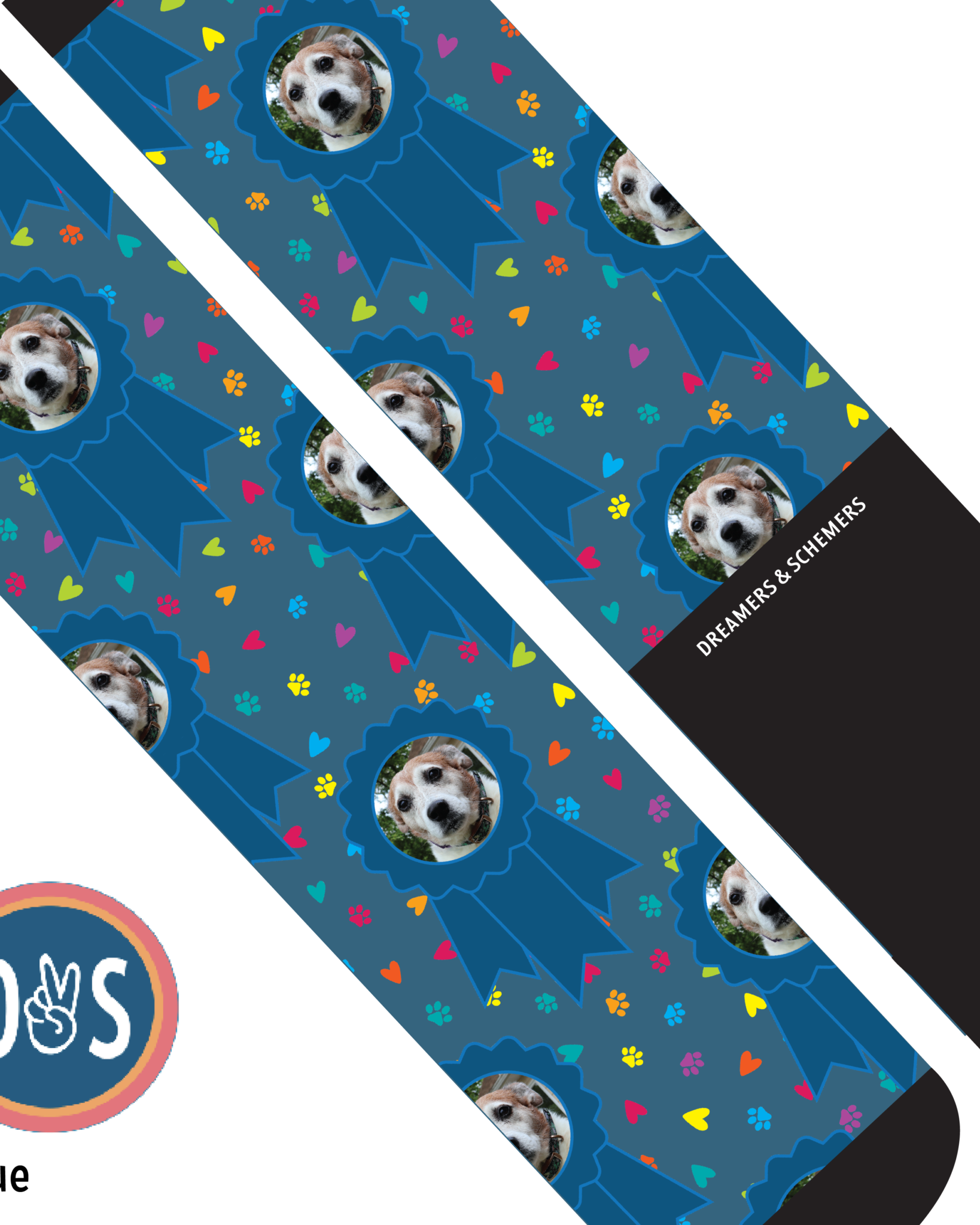 Custom blue ribbon boot socks with paw print design personalized with your photo