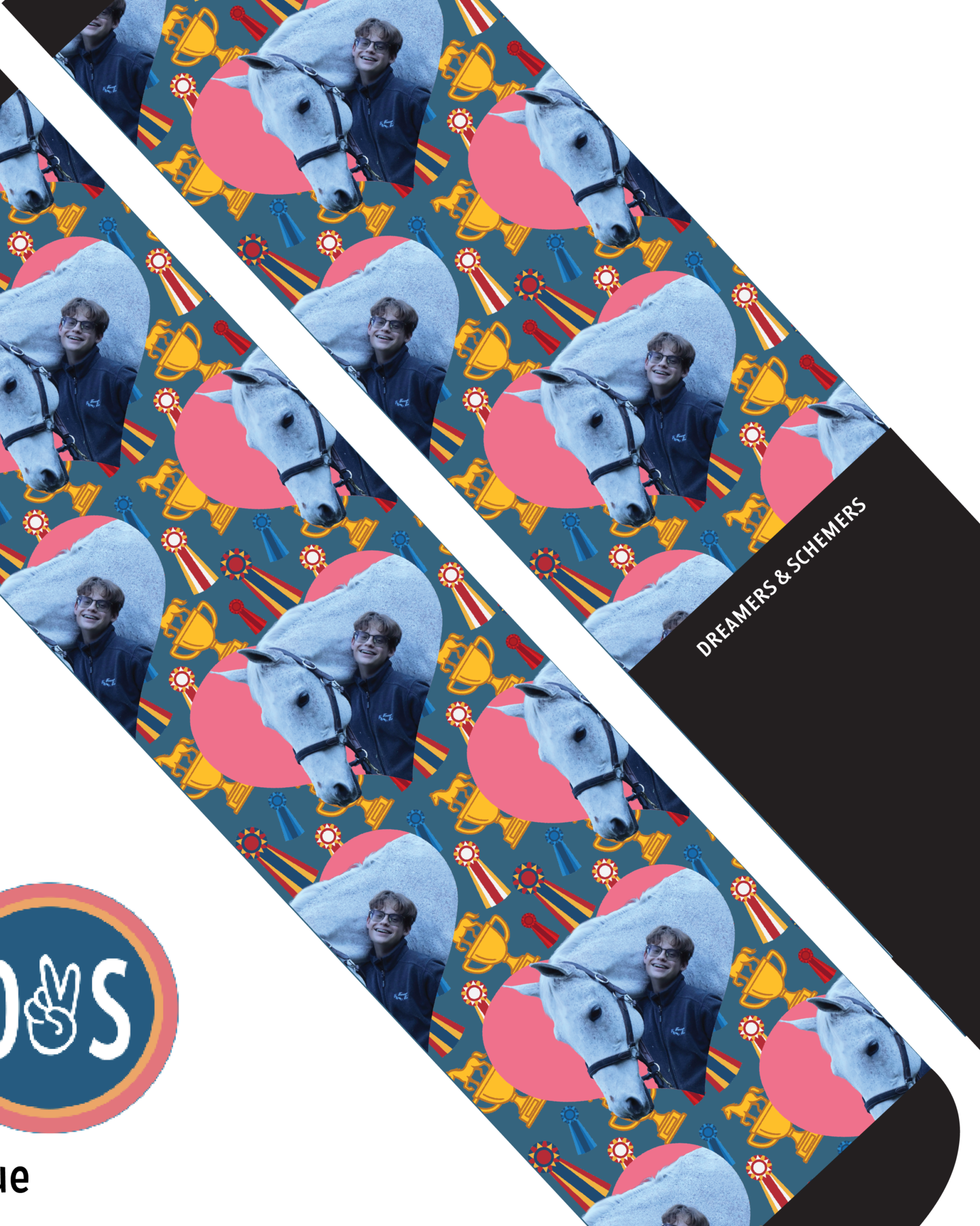 Custom socks featuring personalized photo on Dreamers & Schemers Boot Socks with heart and winner patterns