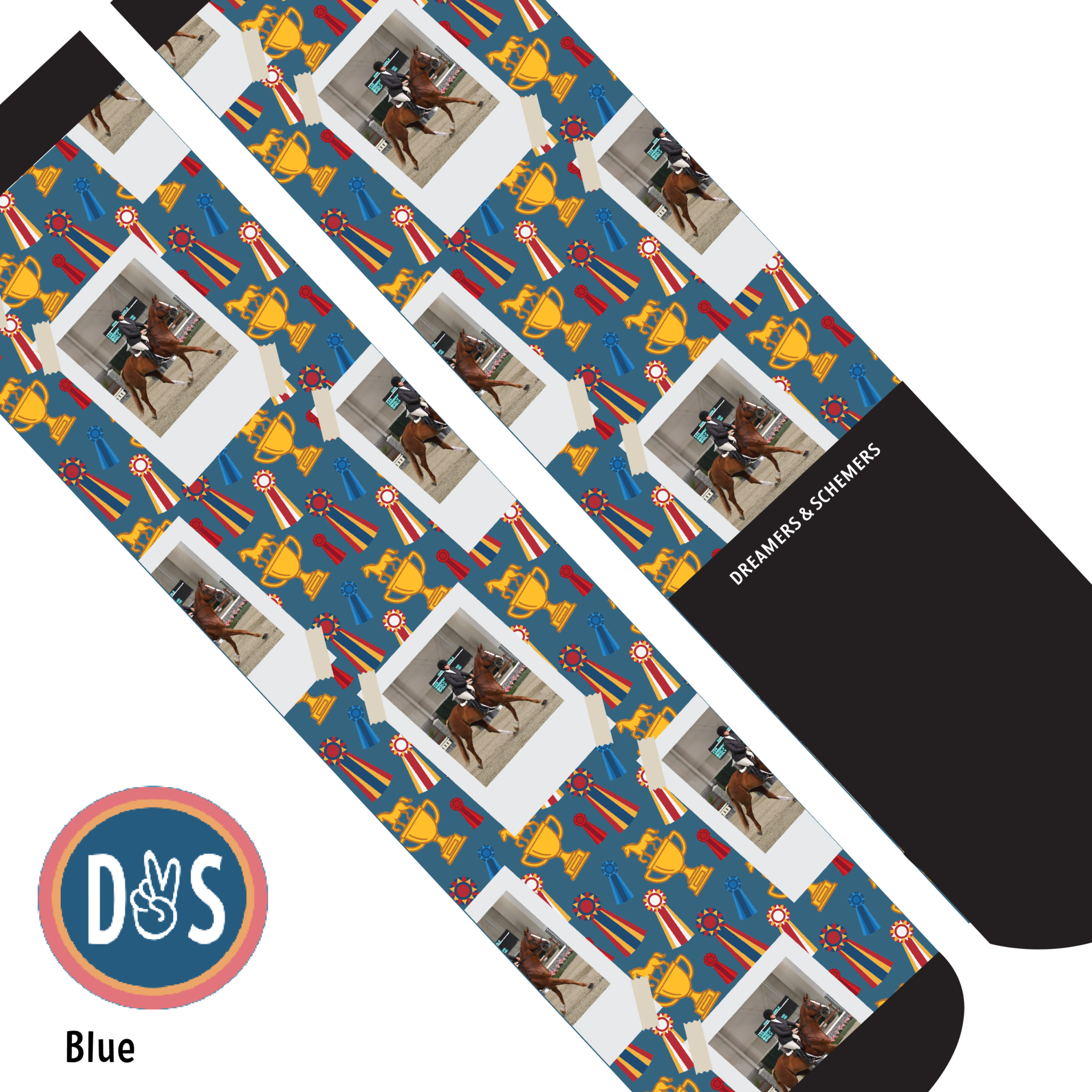 Custom blue boot socks with horse riding photo and winner trophy pattern
