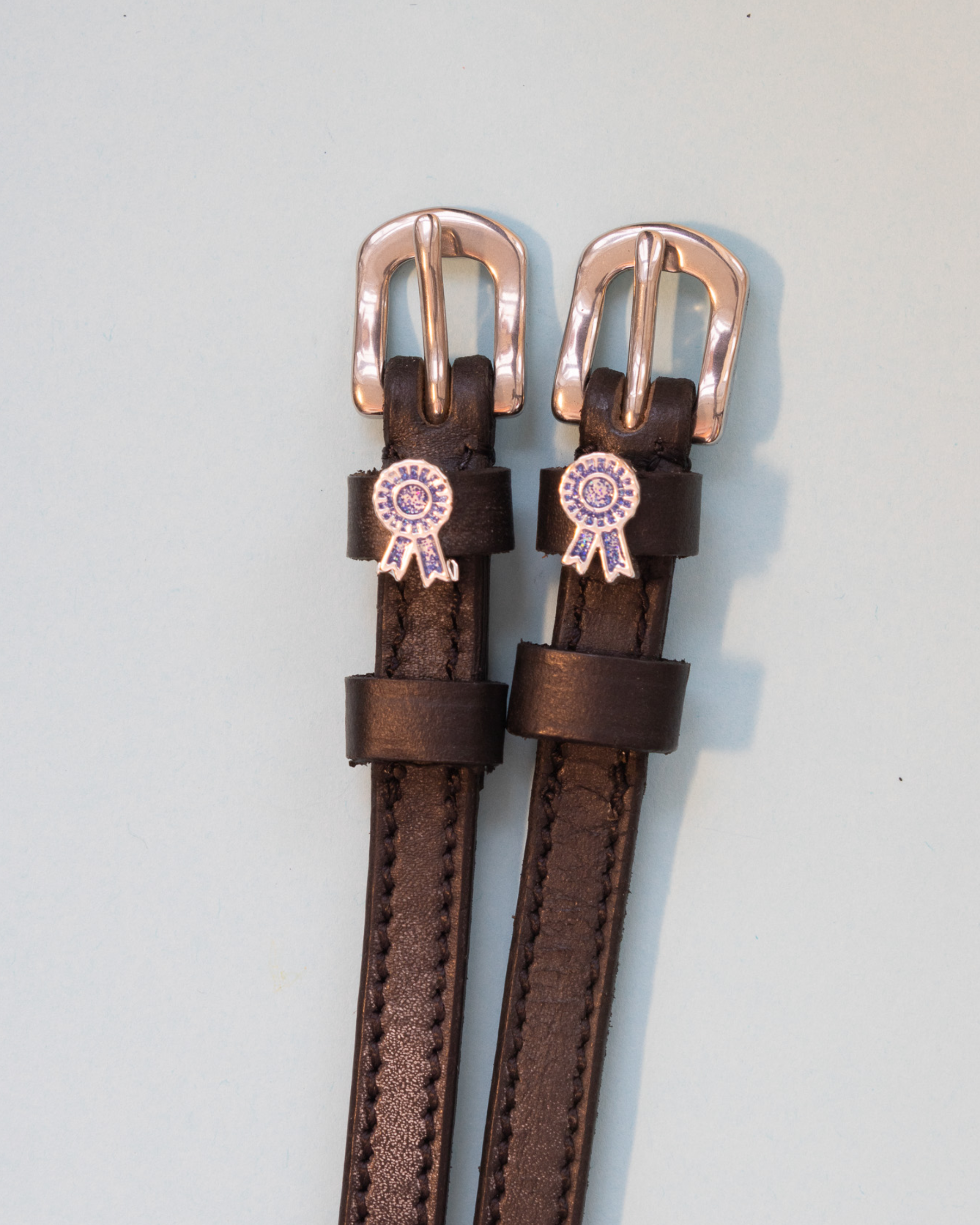 Brown leather blue-ribbon spur straps with rose-gold buckles and rosette charms
