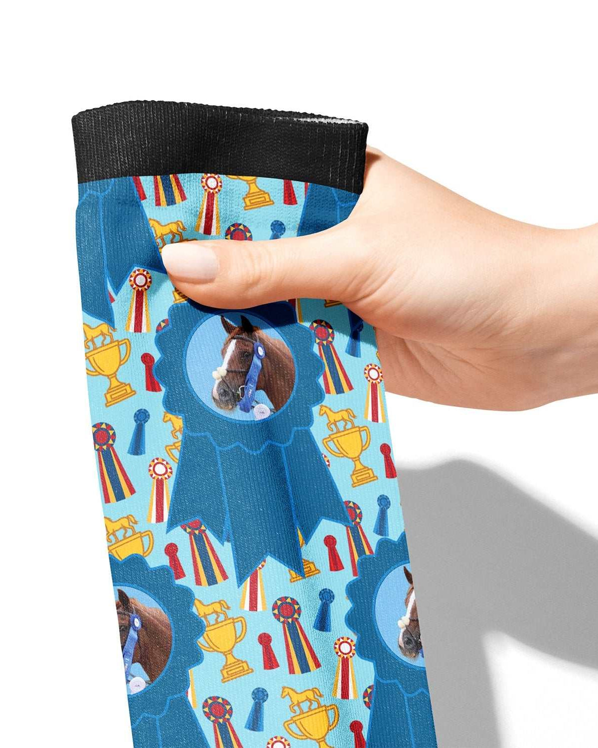 Custom blue ribbon winner boot socks with personalized photo and pattern design