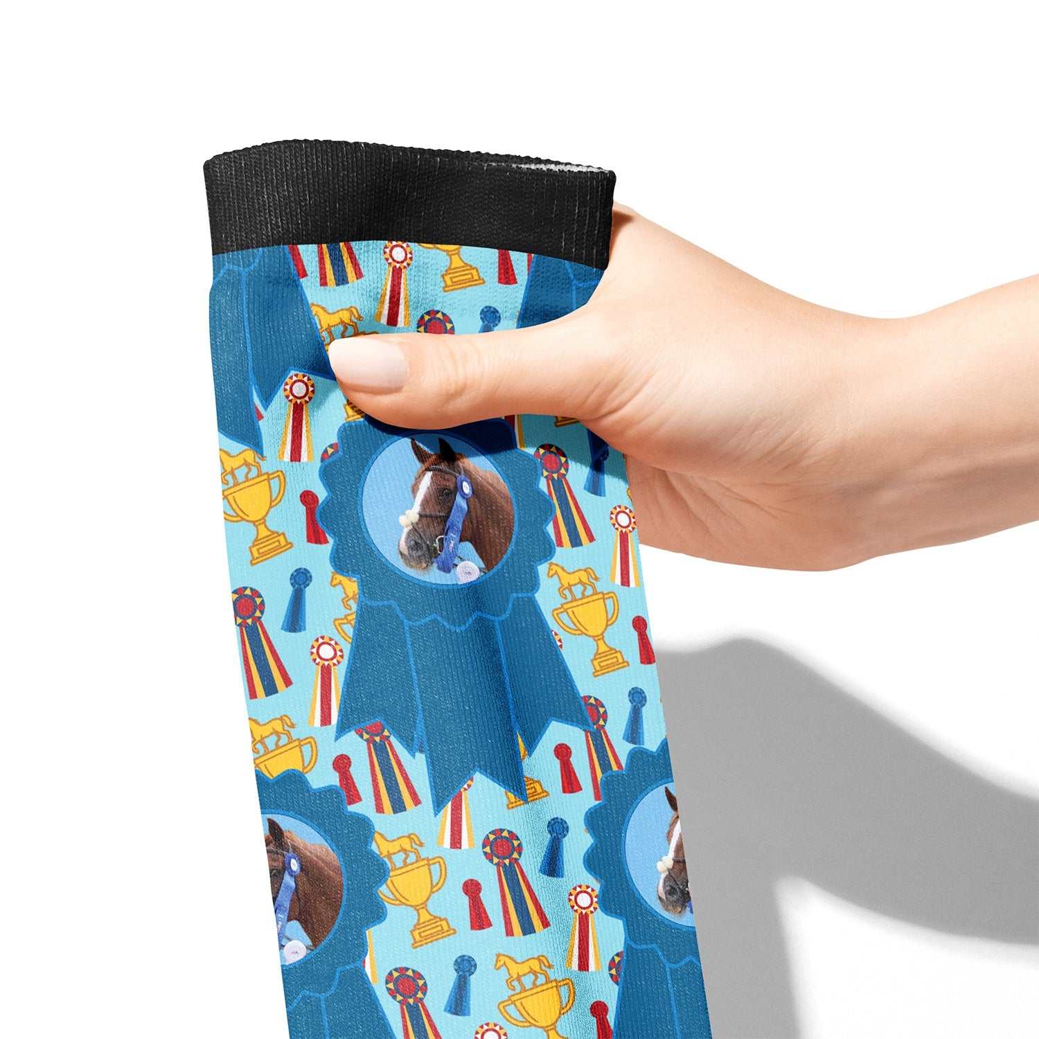 Custom blue ribbon winner boot socks with personalized photo and pattern design