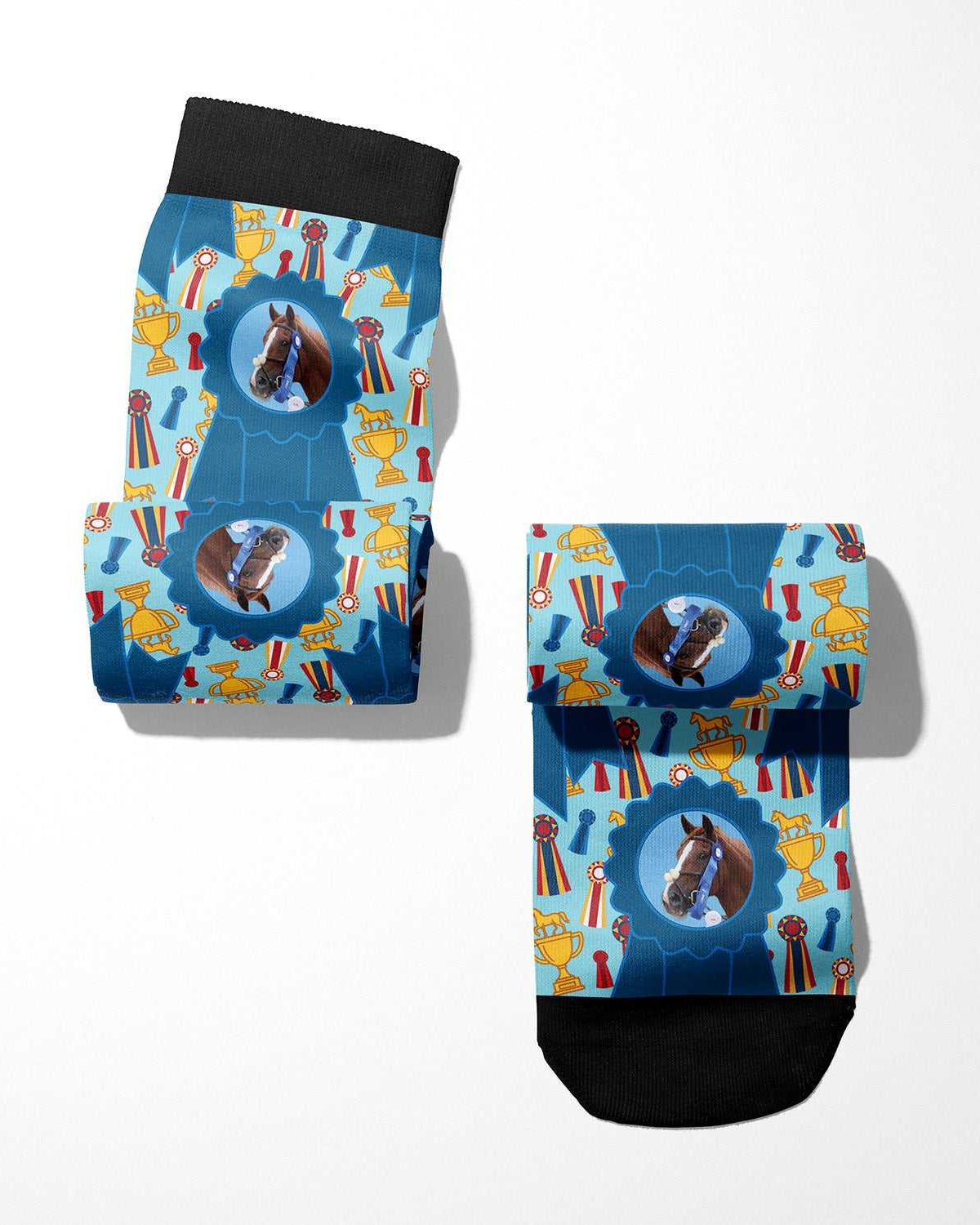 Custom blue ribbon winner boot socks with personalized photo design
