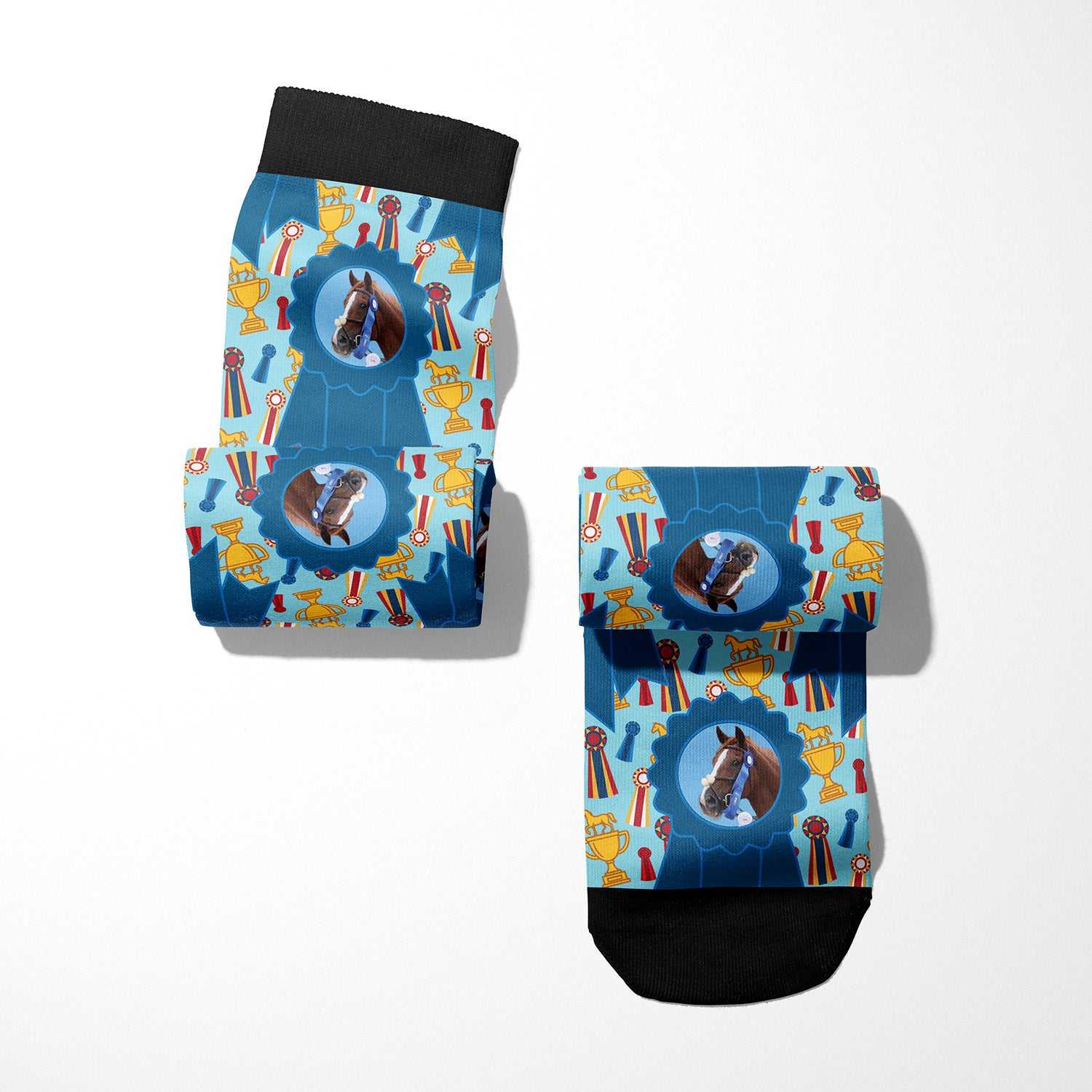 Custom blue ribbon winner boot socks with personalized photo design