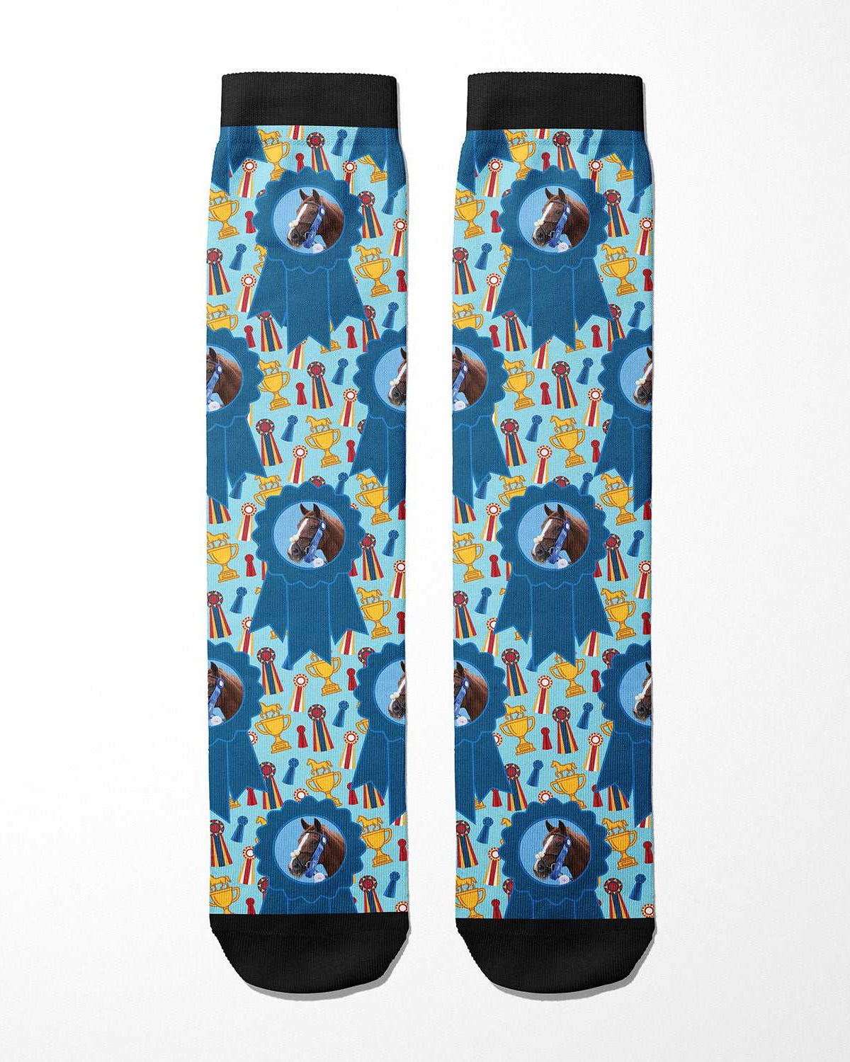 Custom blue ribbon and winner-themed boot socks with personalized photo design