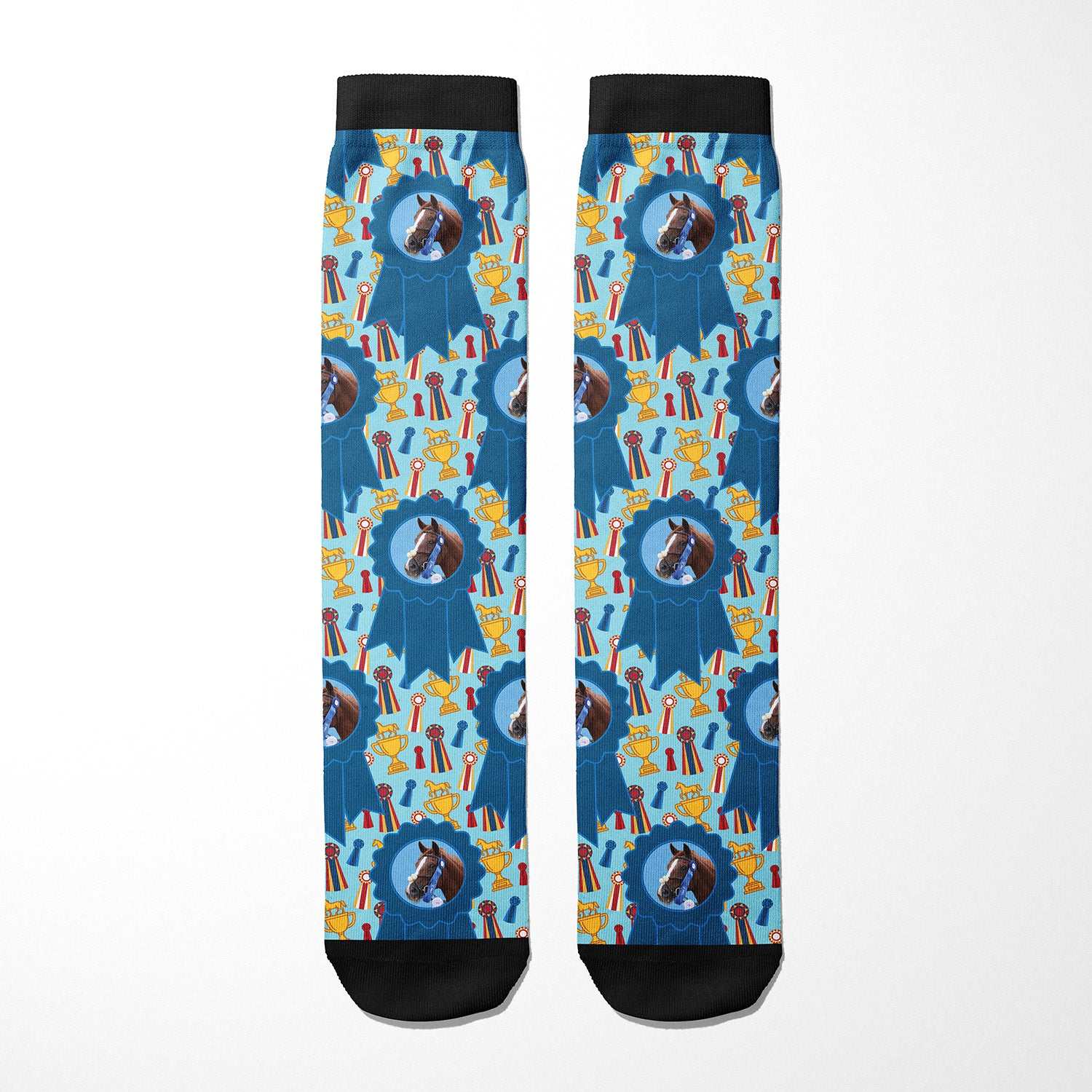 Custom blue ribbon and winner-themed boot socks with personalized photo design